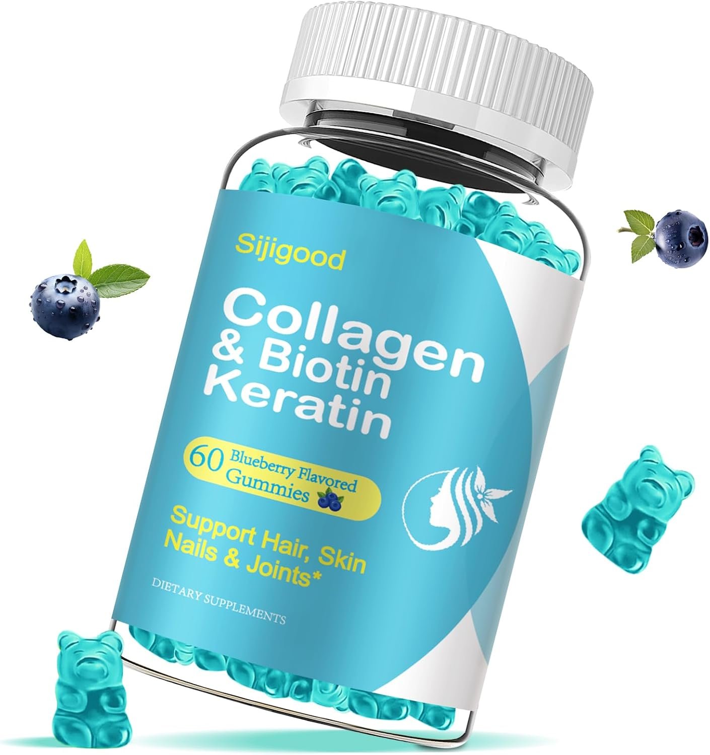 Biotin Gummies with Collagen, Keratin, Hyaluronic Acid, Vitamin for Skin, Hair Growth, Nails, Women Men Adults Kids – 60 Blueberry Flavored Gummies