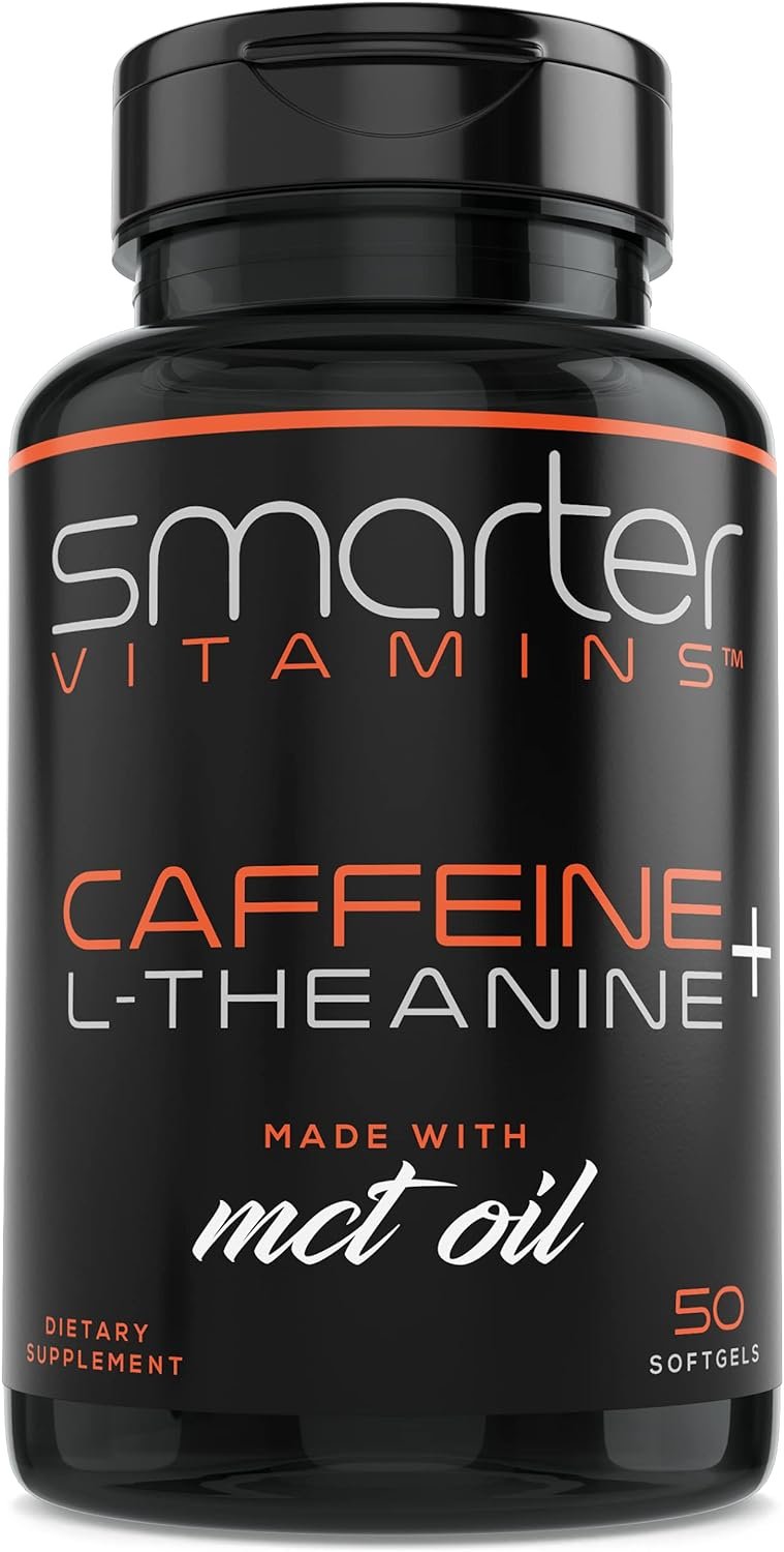 Caffeine Pills 200mg with 100mg L-Theanine & Coconut MCT Oil, 50 Softgels