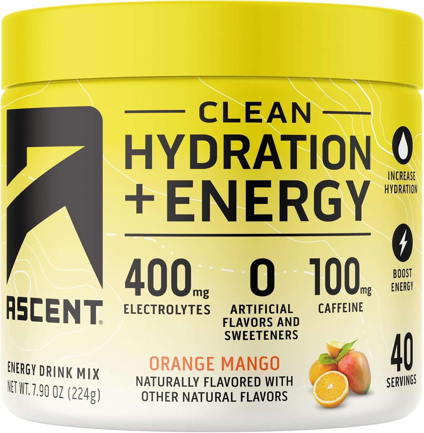 Ascent Clean Hydration + Energy Electrolytes Powder – 100mg Caffeine, 400mg Electrolytes, No Artificial Ingredients, Orange Mango 40 Servings