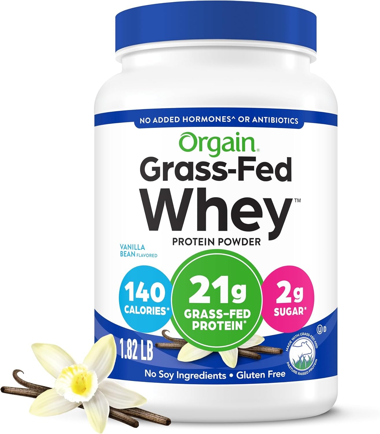 Orgain Whey Protein Powder, Vanilla Bean- 21g Grass Fed Dairy Protein, 5g BCAAs, 3g Prebiotic Fiber, No Sugar Added, No Added Hormones, Gluten Free, Kosher, for Shakes & Smoothies – 1.82lb