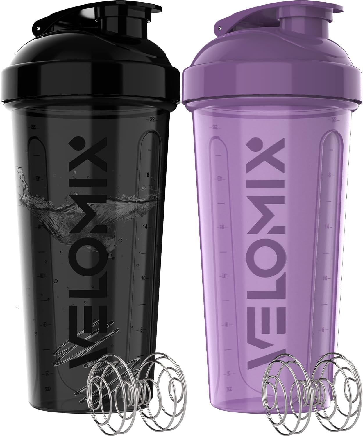 VELOMIX 2 Pack 28oz Protein Shaker Bottle for Protein Mixes, Purple/Black