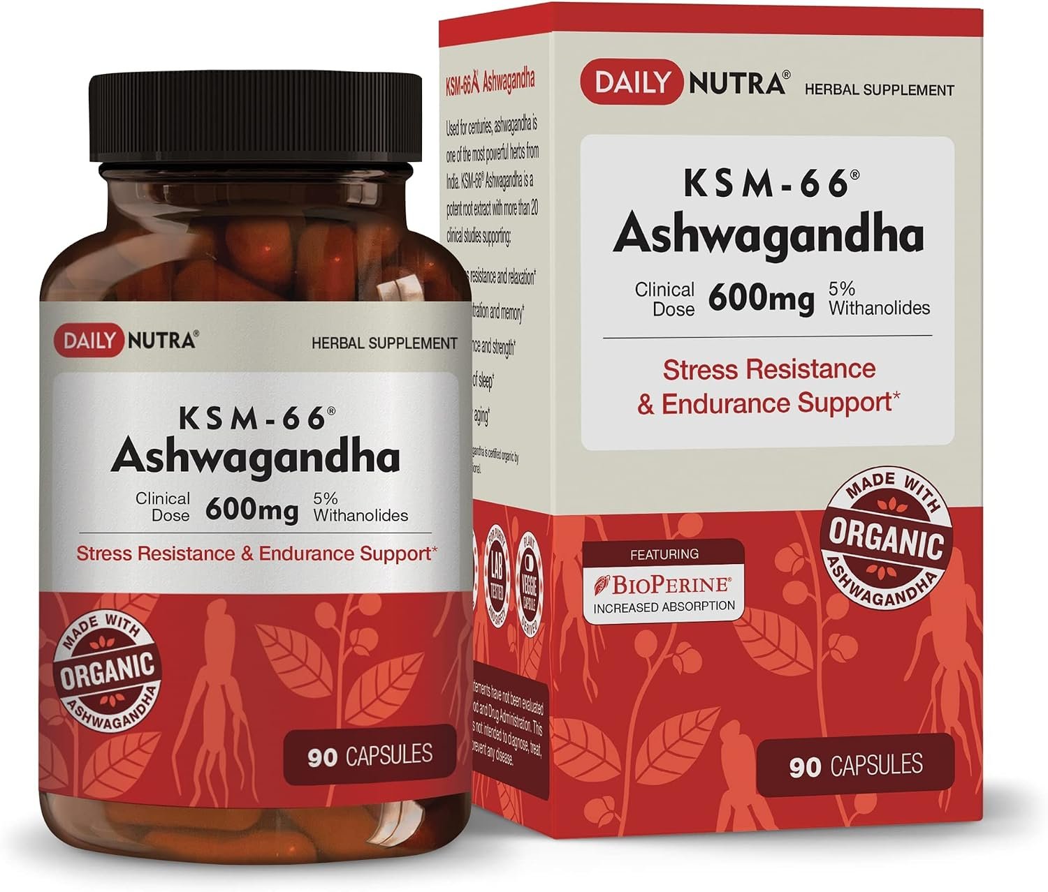 DailyNutra KSM-66 Ashwagandha 600mg Organic Root Extract – High Potency Supplement with 5% Withanolides | Relieves Tiredness, Supports Relaxation, Focus, Energy, & Muscle Growth (90 Capsules)