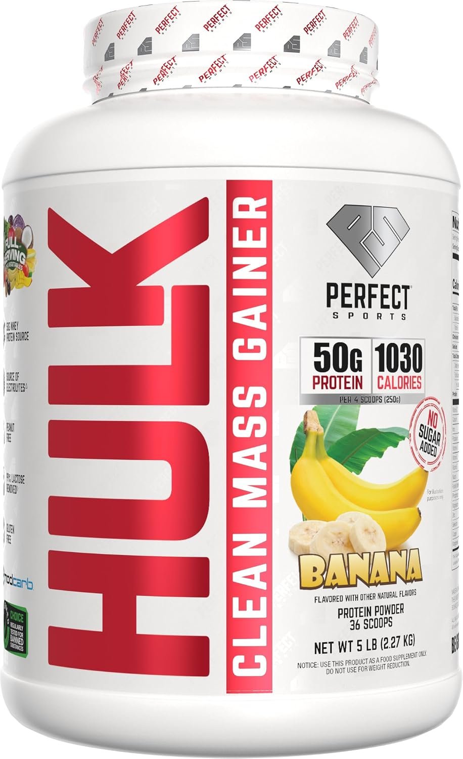 PERFECT SPORTS Hulk Mass Gainer, 50g Protein, Banana, 5 lb