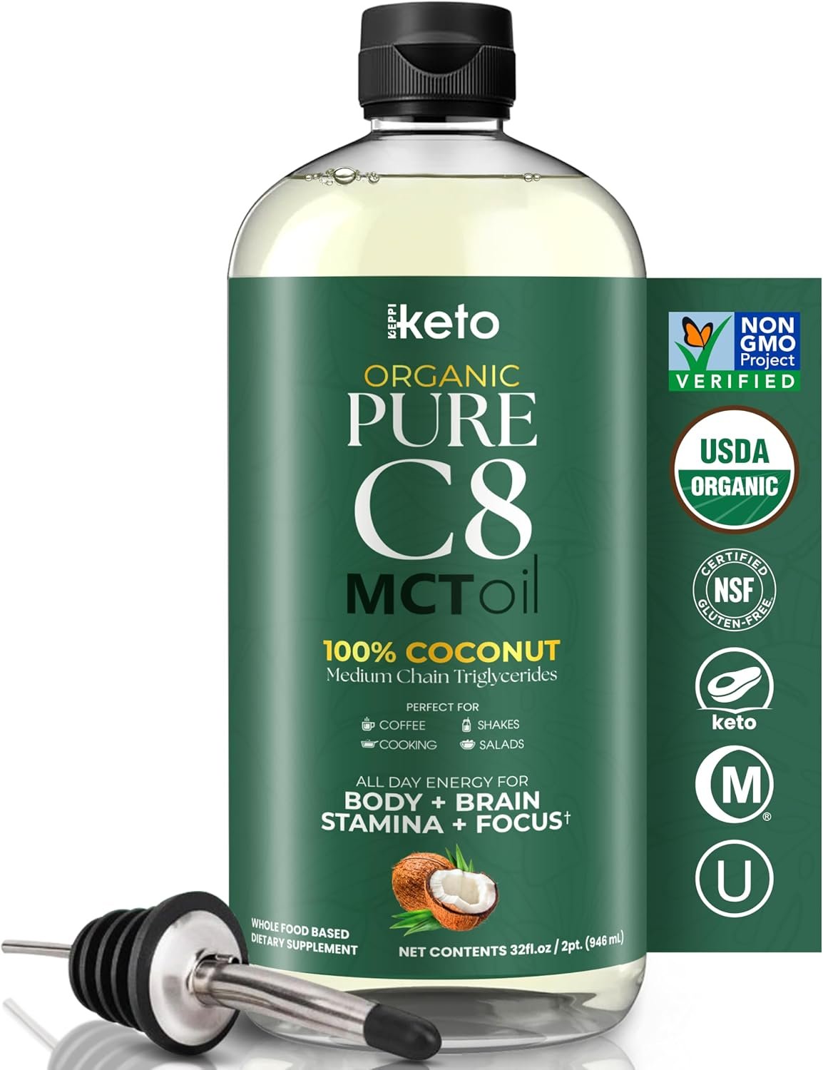 Keppi Keto Organic MCT Oil – Flavorless C8, Non-GMO, Certified Gluten-Free, Palm Oil Free, Vegan, Kosher, Halal, 32 oz Coconut Oil