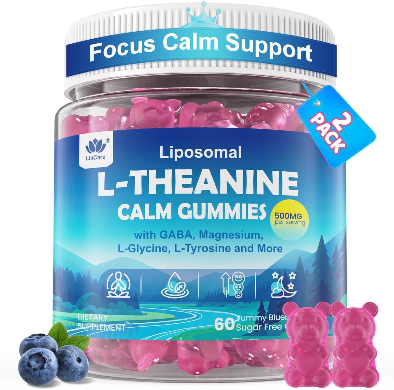 L Theanine Calm Gummies 500mg + Saffron + Magnesium Glycinate + GABA,120Cts