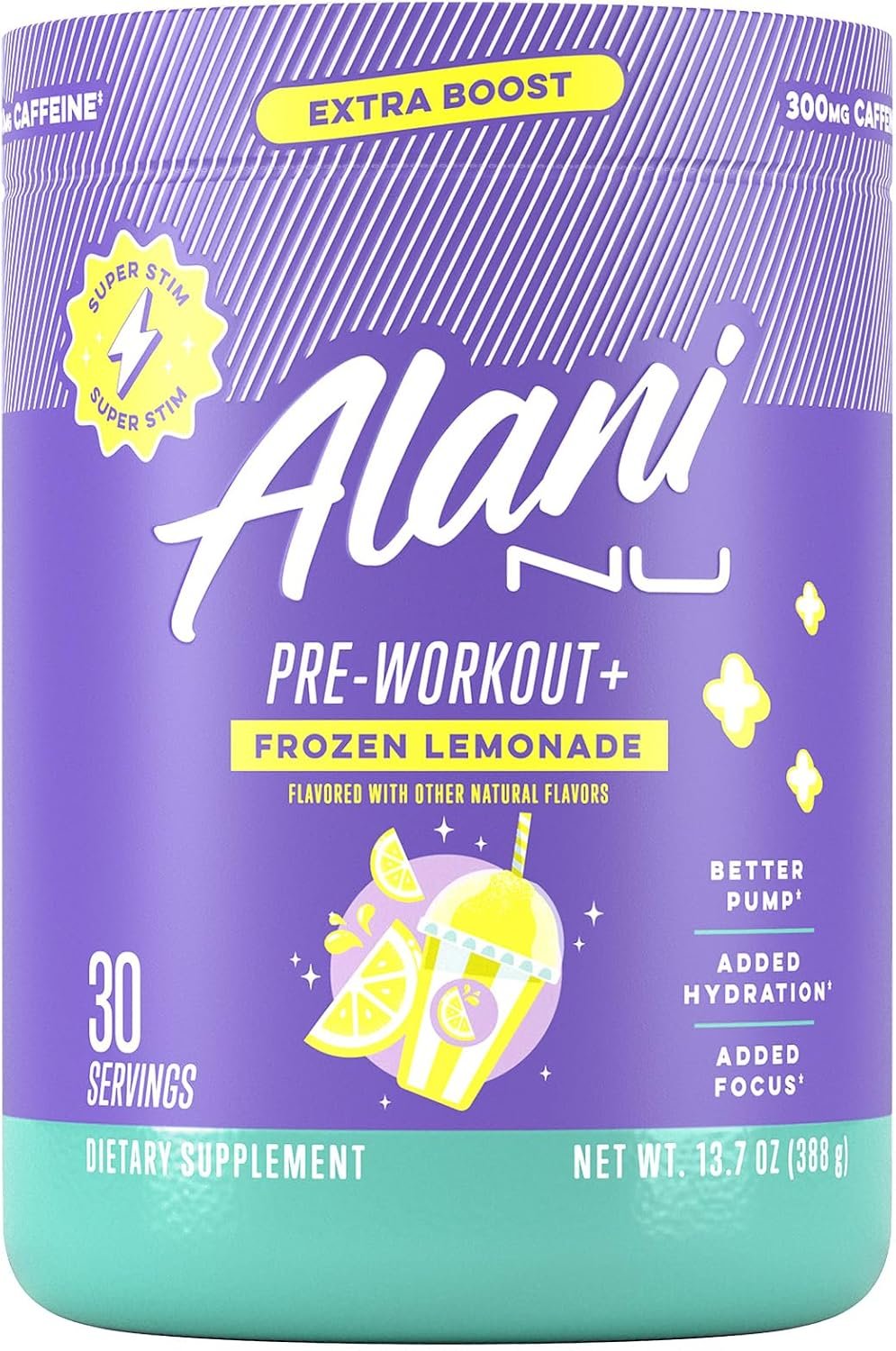 Alani Nu Pre Workout+ Powder Frozen Lemonade, Extra Boost, Sugar Free, 300mg Caffeine, L-Theanine, Beta-Alanine, Citrulline, 30 Servings