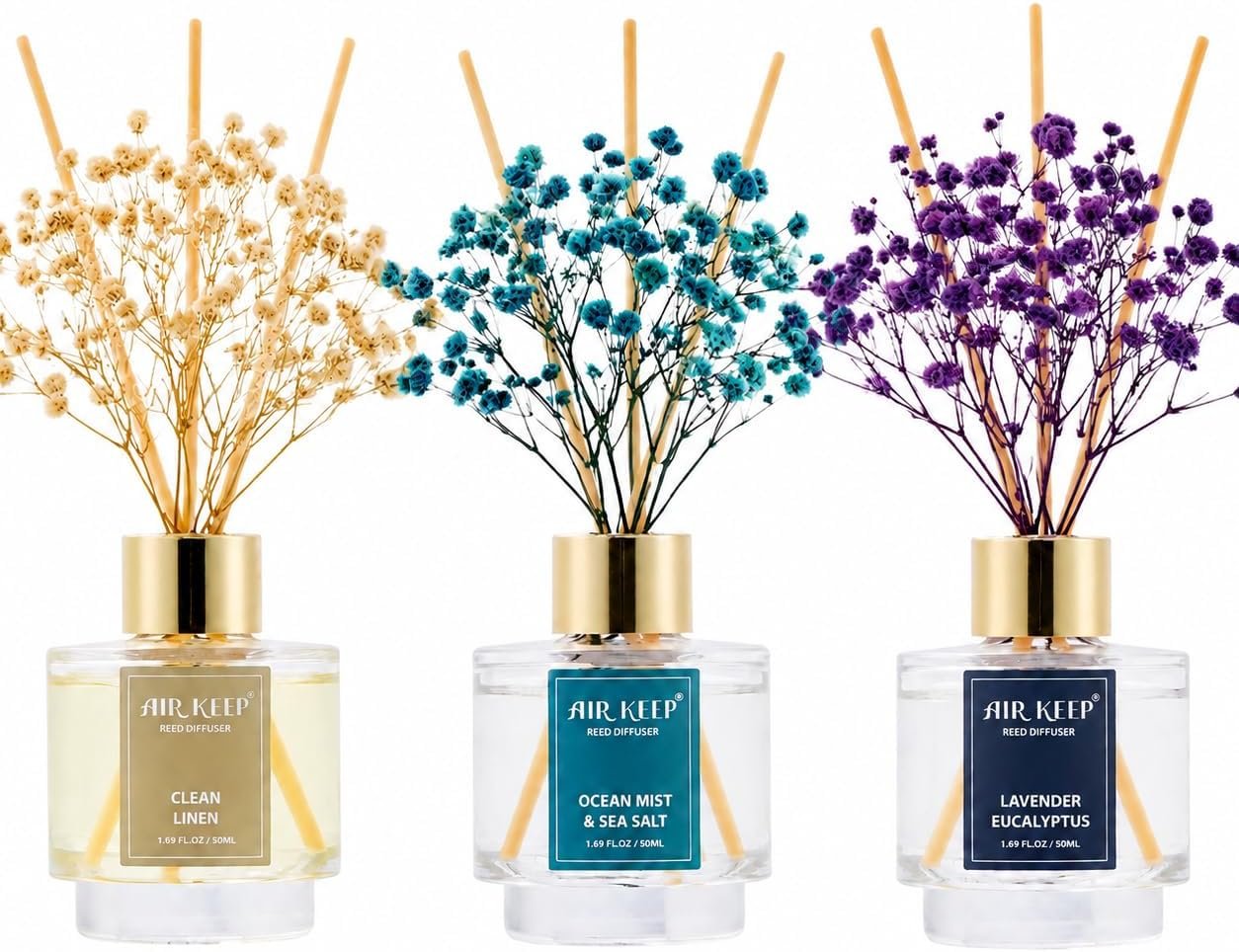 Airkeep Reed Diffuser Set of 3,Clean Linen Ocean Mist&Sea Salt Lavender Eucalyptus Oil Reed Diffusers for Bedroom Living Room Office Aromatherapy Oil Reed Diffuser for Gift 50ml x 3