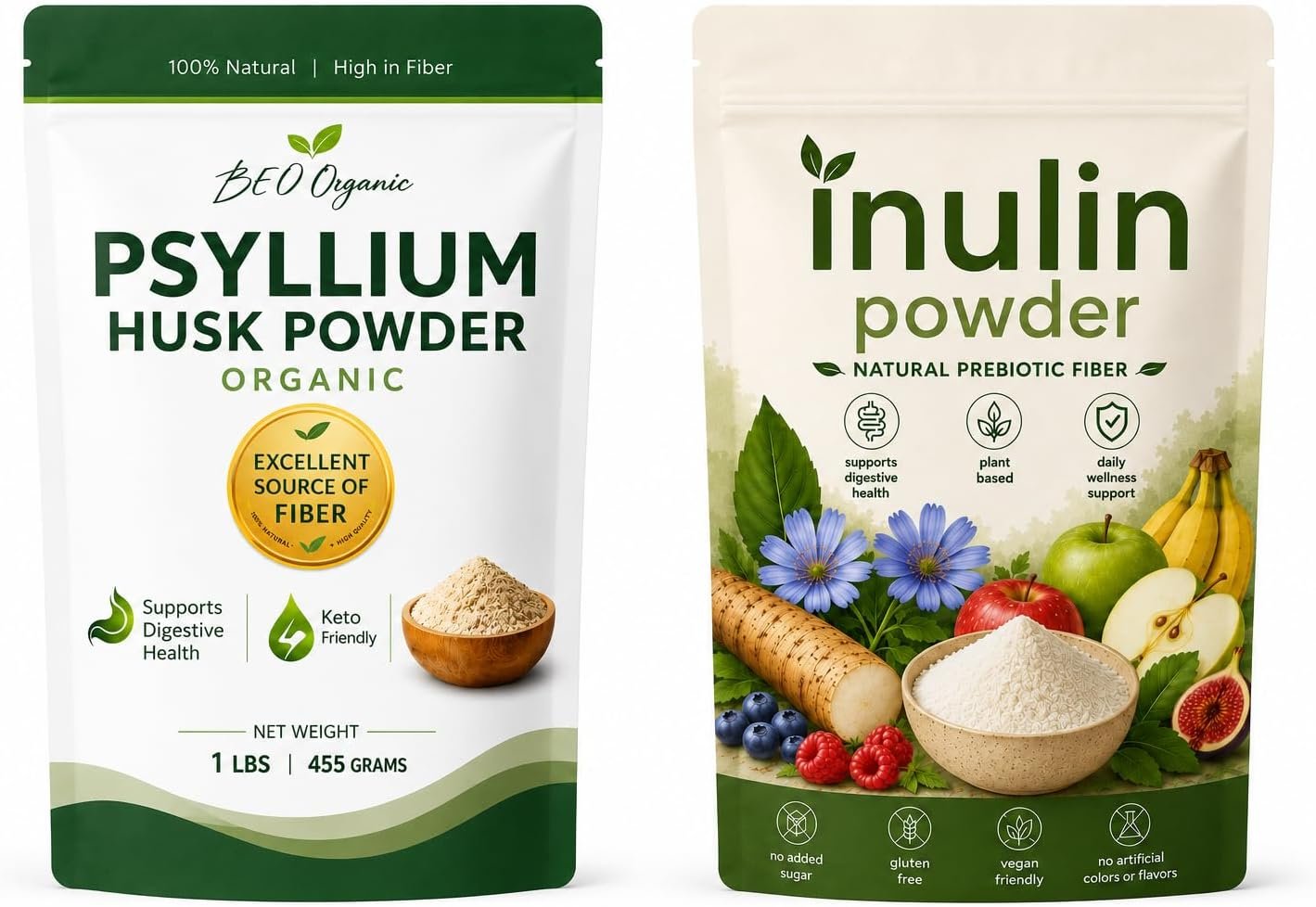 Organic Psyllium Husk Powder and INULIN Powder, 2 pack 1 lb (500 g), Unflavored Plant-Based Fiber Blend, Vegan, Keto & Paleo Friendly, Non-GMO, Prebiotic & Soluble Fiber, ( 1 lbs Psy, 50g Inulin)