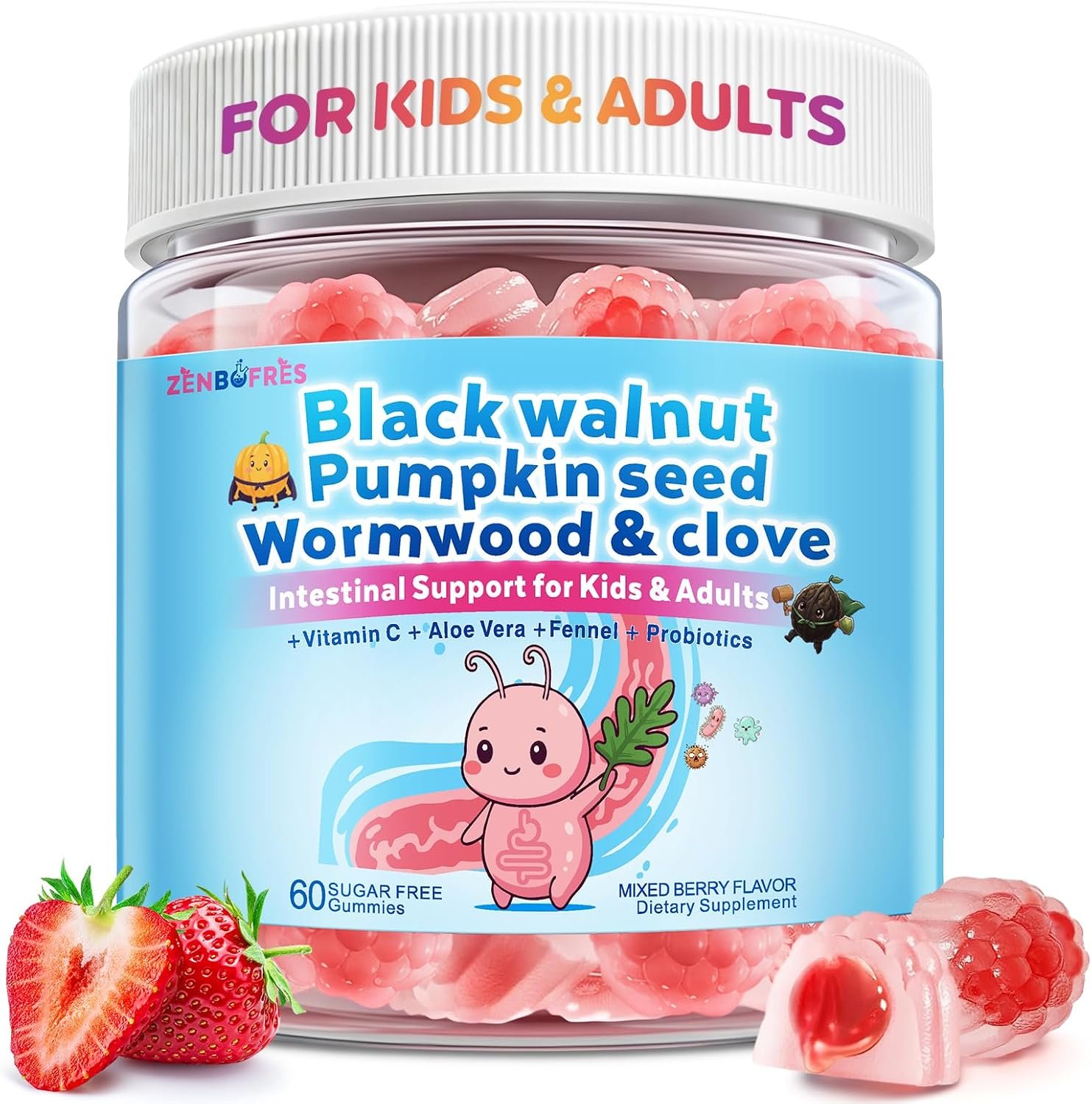 Wormwood Black Walnut Clove Para Clean for Humans & Kids, Herbal Gut Health Gummies with Wormwood, Pumpkin Seeds, Vitamin C, D3, Zinc, Probiotics for Natural Gut Cleanse, Immune Support – 60 Gummies