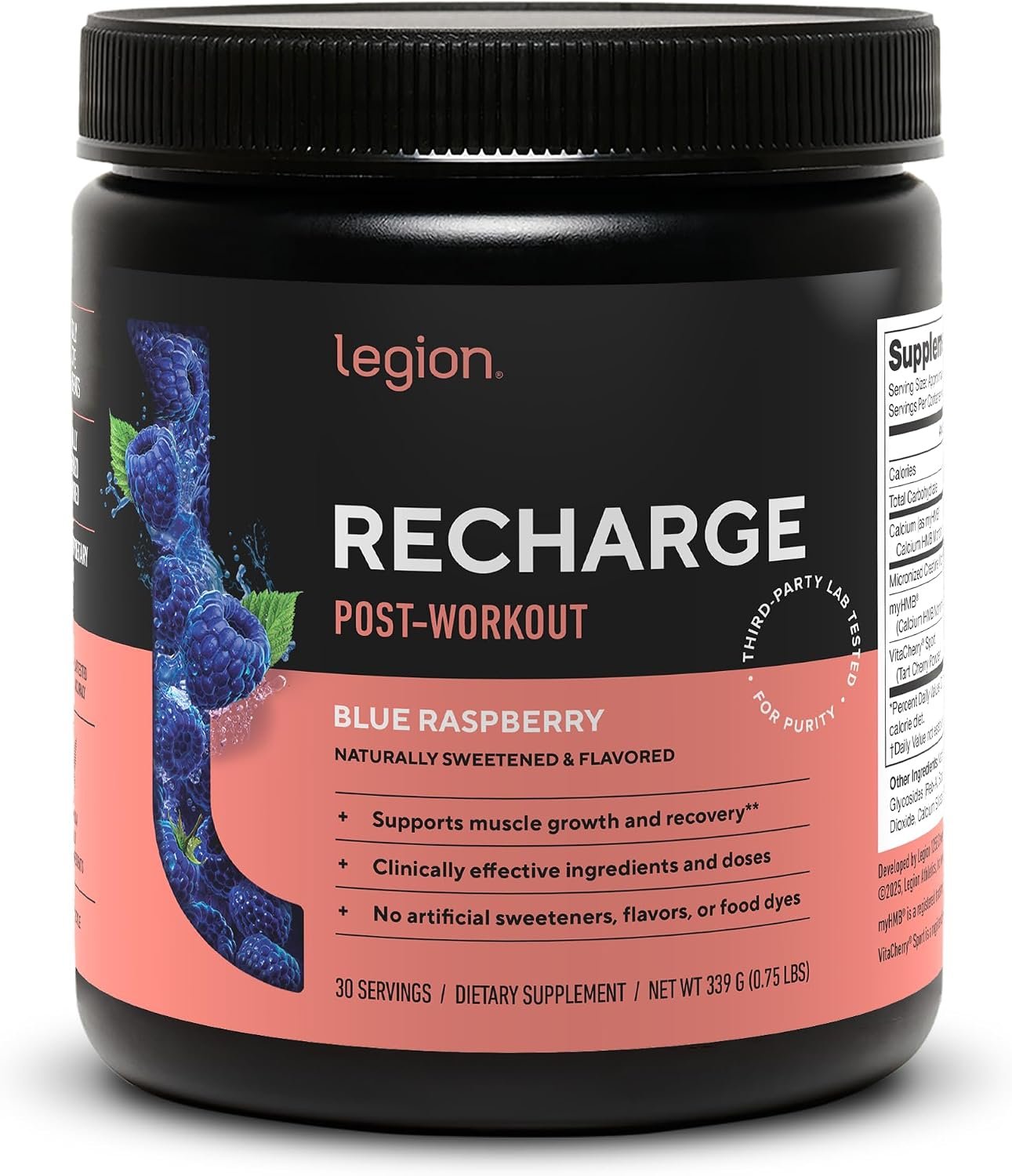 Legion Recharge Post Workout Supplement – All Natural Muscle Builder & Recovery Drink With Micronized Creatine Monohydrate. Naturally Sweetened & Flavored, Safe & Healthy. (Blue Raspberry, 30 Serving)