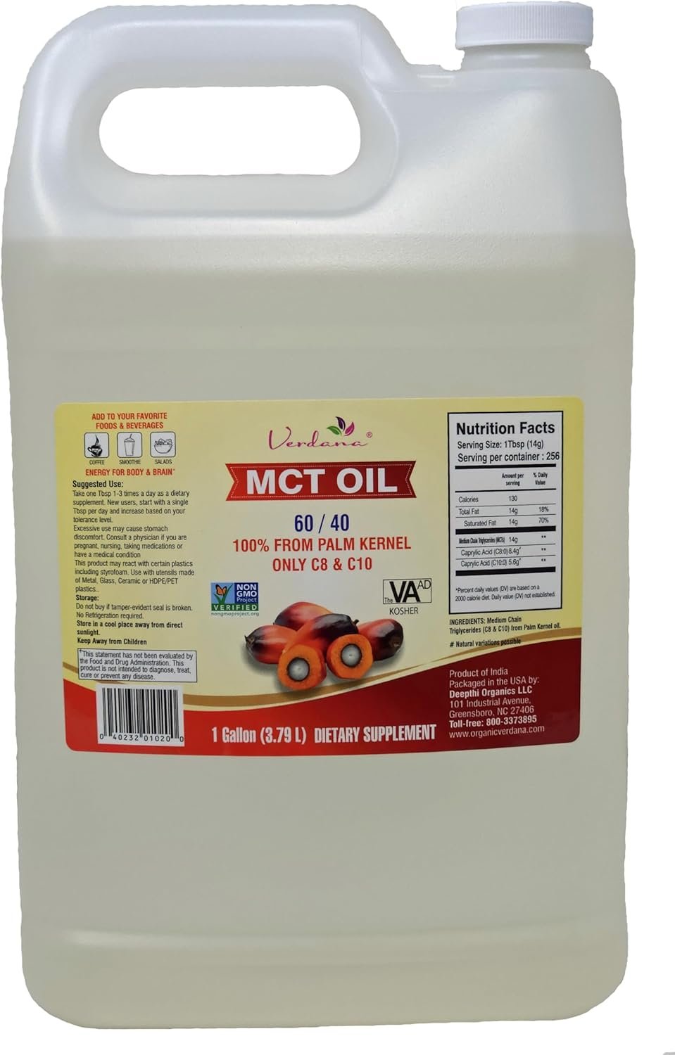 Verdana Food Grade MCT Oil – 1 Gallon (128 Fl Oz) – Premium C8/C10 Triglycerides – Keto & Paleo Friendly – Non-GMO, Kosher – Trusted Brand for Energy, Sports Nutrition, Aromatherapy & Massage