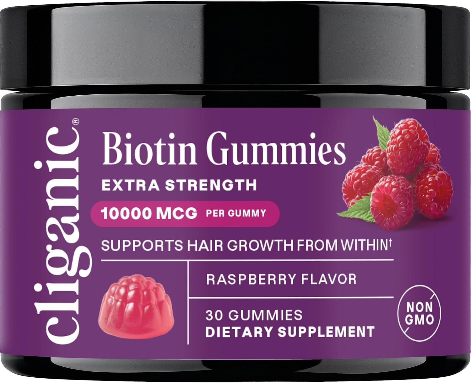 Cliganic Biotin Gummies Extra Strength – 10,000 mcg Biotin per Gummy, Raspberry Flavored Supplement for Men & Women, Non-GMO, Supports Hair Growth and Strong, Healthy Hair, Nails & Skin, 30 Count