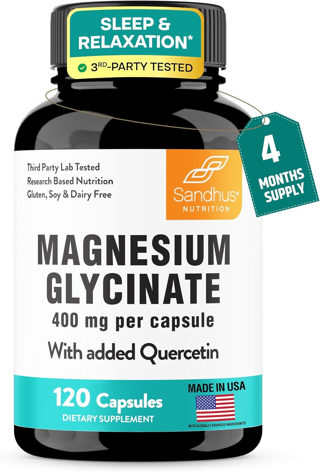 Magnesium Glycinate 400mg Capsules with Quercetin for Men & Women 120 Count