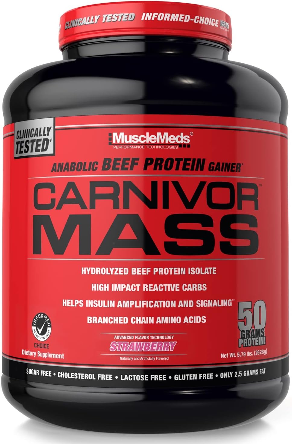 MuscleMeds Carnivor Mass Anabolic Beef Protein Gainer, Strawberry, 6 Pound