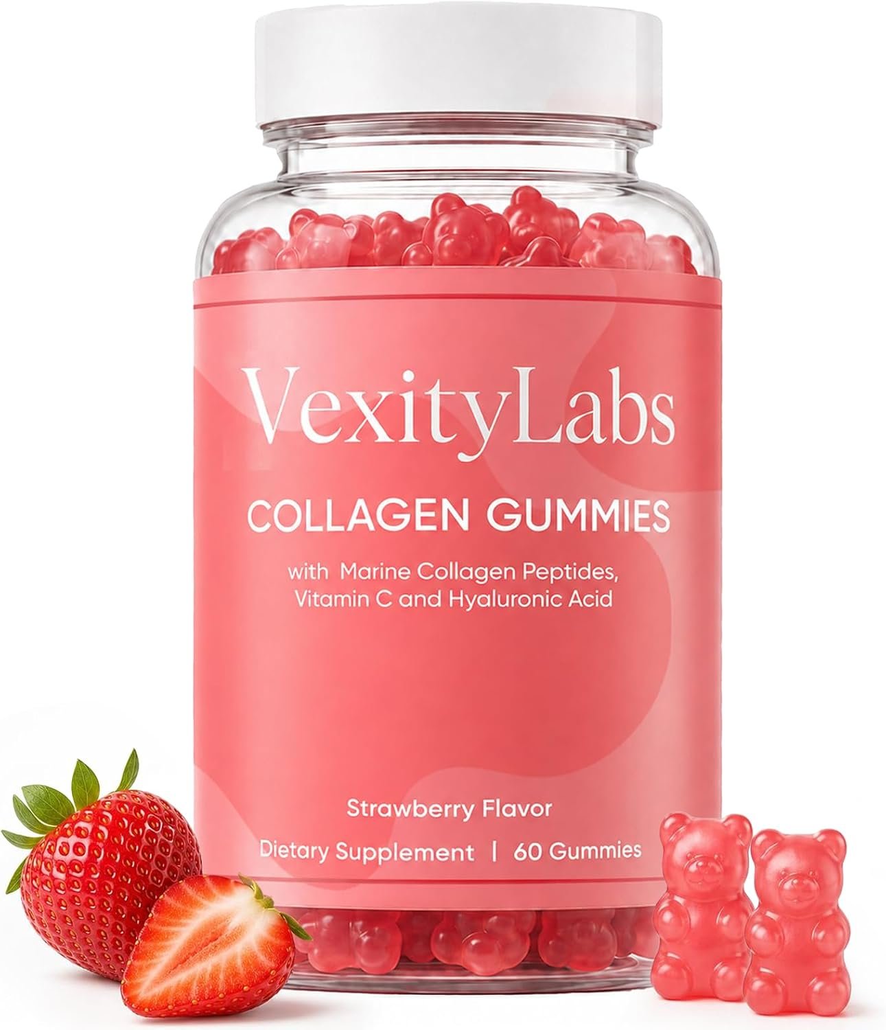 Vexity Labs Collagen Gummies, Collagen Gummies for Women & Men, with Marine Collagen Peptides, Vitamin C and Hyaluronic Acid, for Daily Skin, and Daily Wellness, Strawberry Flavor, 60 Gummies