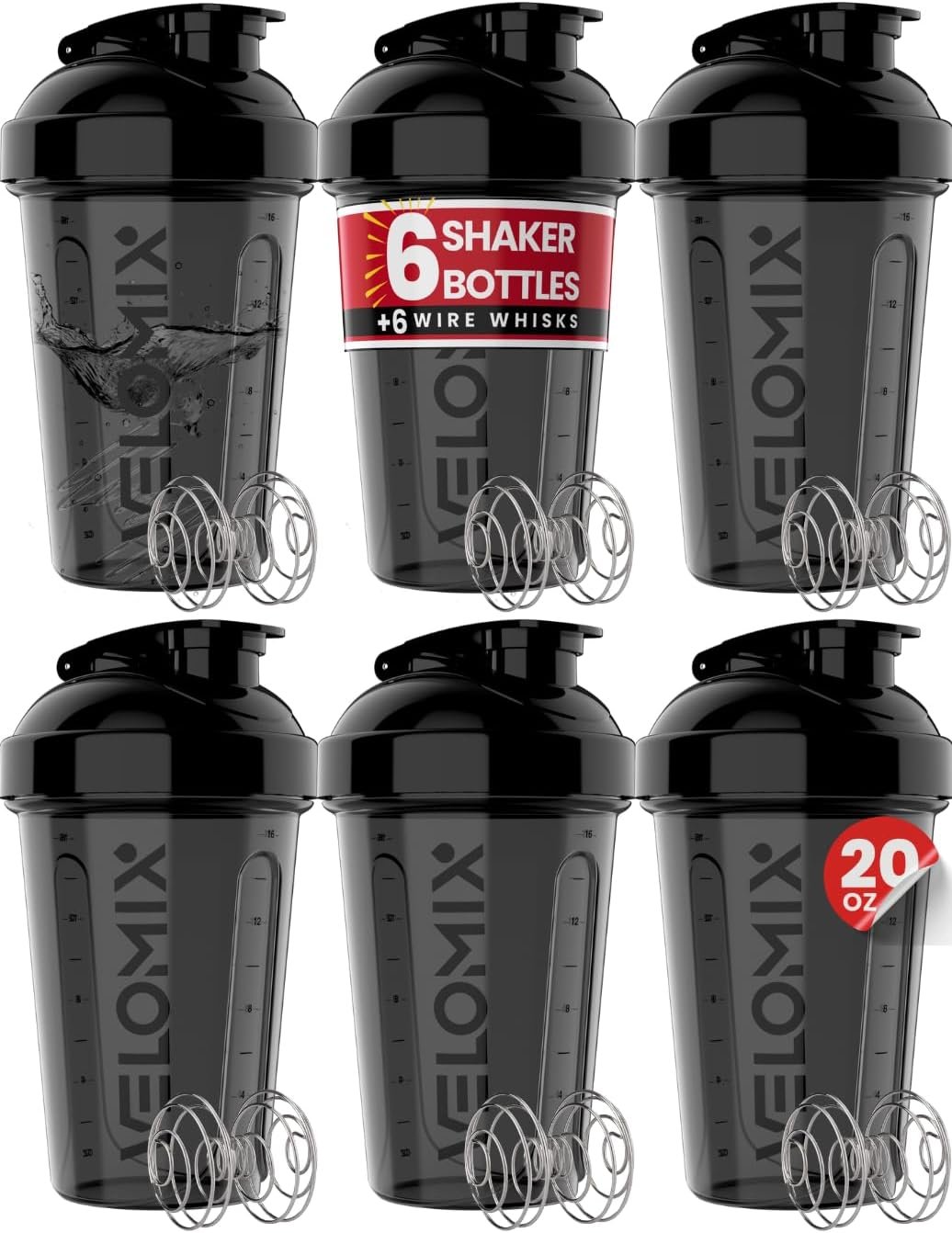 VELOMIX 6 Pack 20oz Protein Shaker Bottle for Protein Mixes, All in Black
