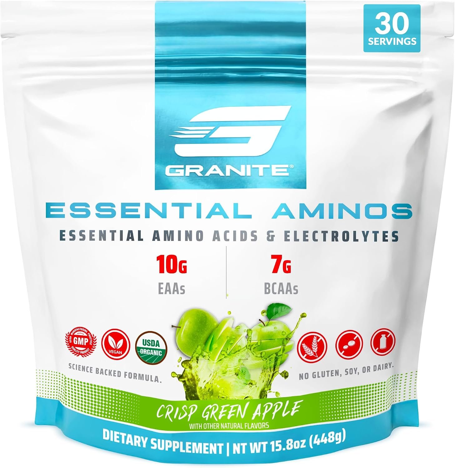 Granite Essential Amino Acids Powder, Green Apple Flavor, with 10g EAAs and 7g BCAAs, Supports Muscle Recovery & Growth, Soy-Free, Gluten-Free (30 Servings)