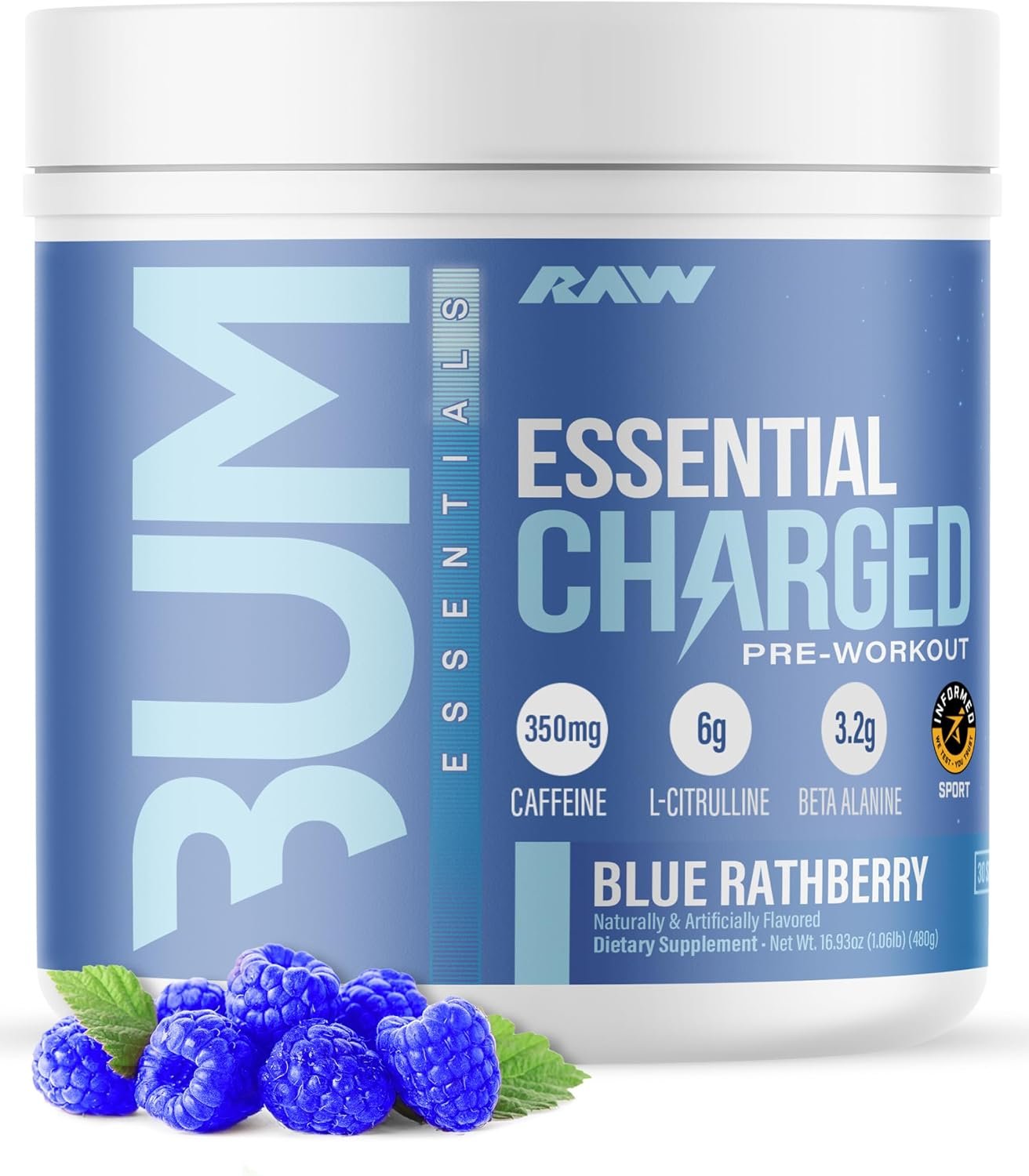 RAW Pre-Workout Powder, Essential CHARGED (Blue Rathberry) – Preworkout Supplement for Men & Women – Supports Focus, Mood, & Performance – Caffeine, Alpha-GPC, L-Citrulline, Beta Alanine (25 Servings)