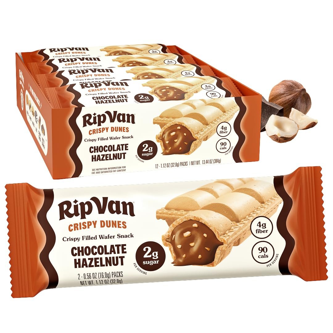 Rip Van Crispy Dunes Vegan Chocolate Hazelnut Wafer Sticks – Low-Calorie Keto Snack with Hazelnut Cream Filling, 90 Calories, Non-GMO, Prebiotic Fiber – 12 Pack