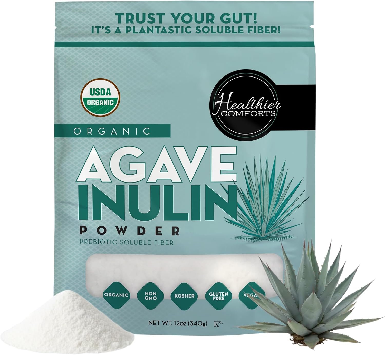 Healthier Comforts Organic Inulin Powder (12 oz) from Blue Agave | Soluble Prebiotic Fiber, Gentle on Digestion, Non-GMO | Perfect for Coffee, Baking & Cooking