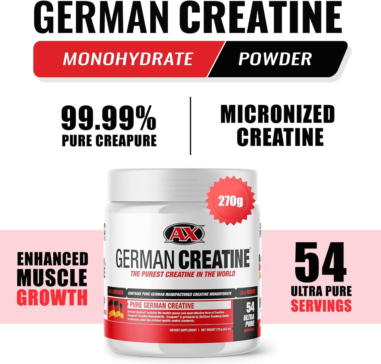 German Creatine Micronized Creatine Monohydrate Powder for Strength, 270g