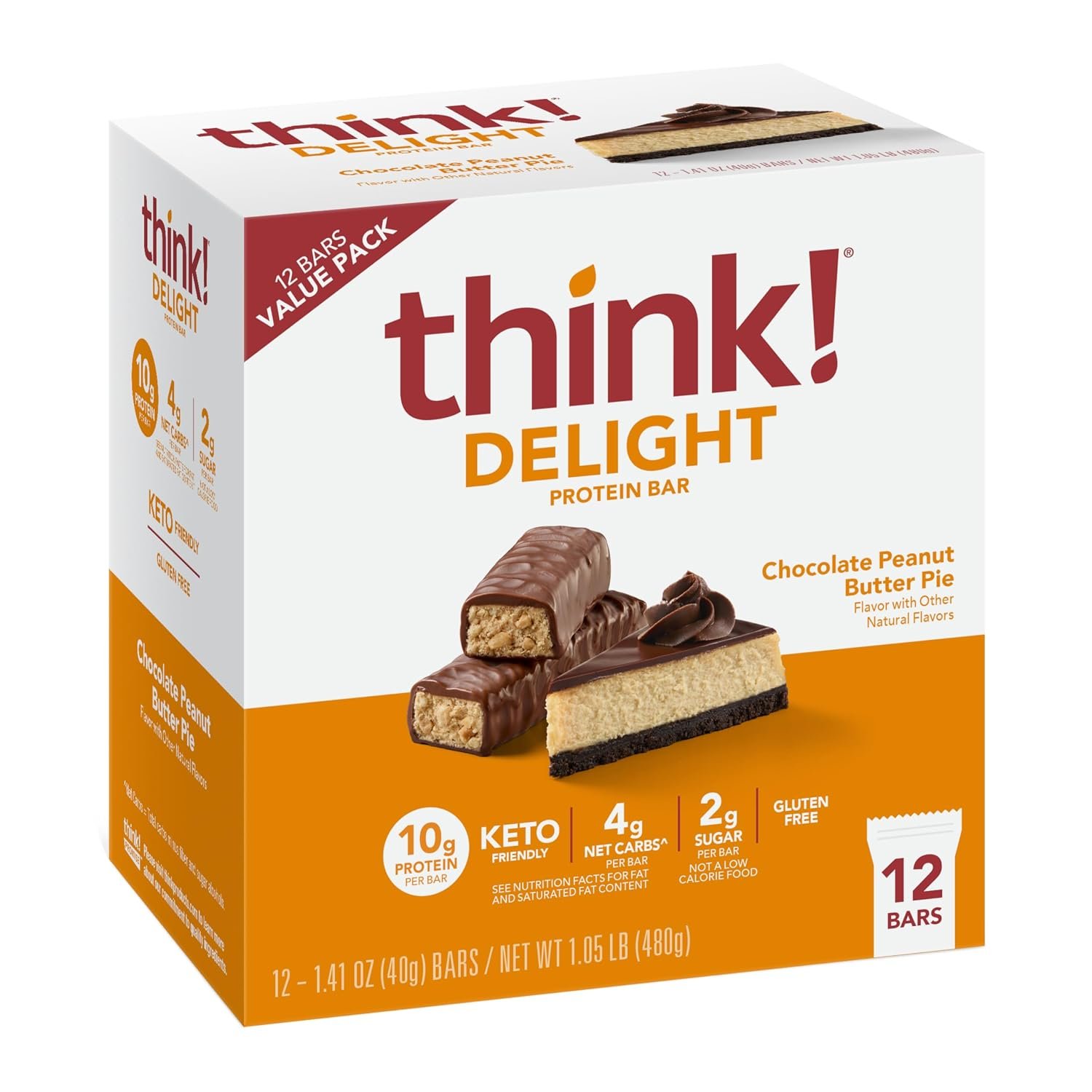 think! Delight Protein Bars, Chocolate Peanut Butter Pie, 12 Count