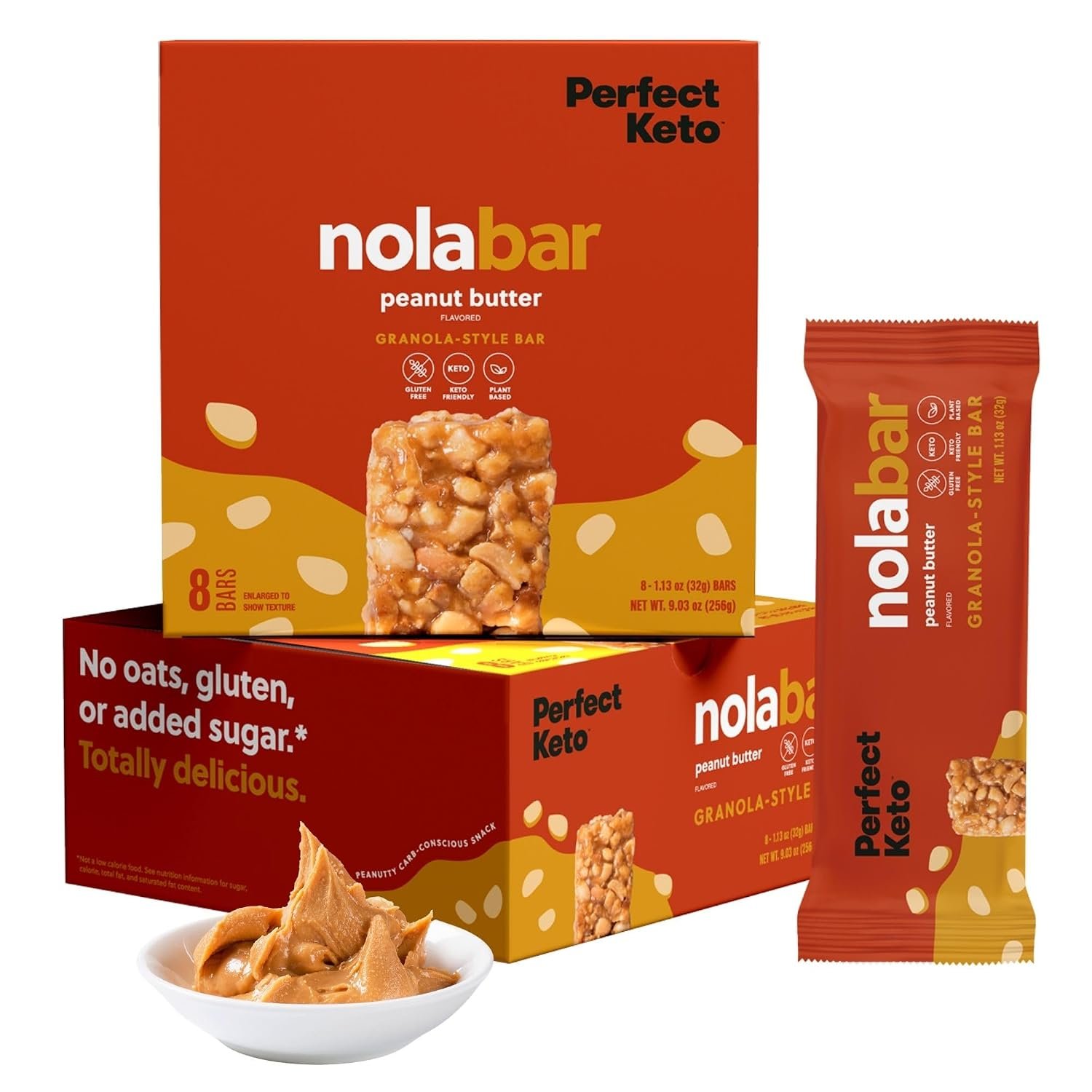 Perfect Keto Nola Bars, High Fiber & Low Carb, Peanut Butter | 8 Pack
