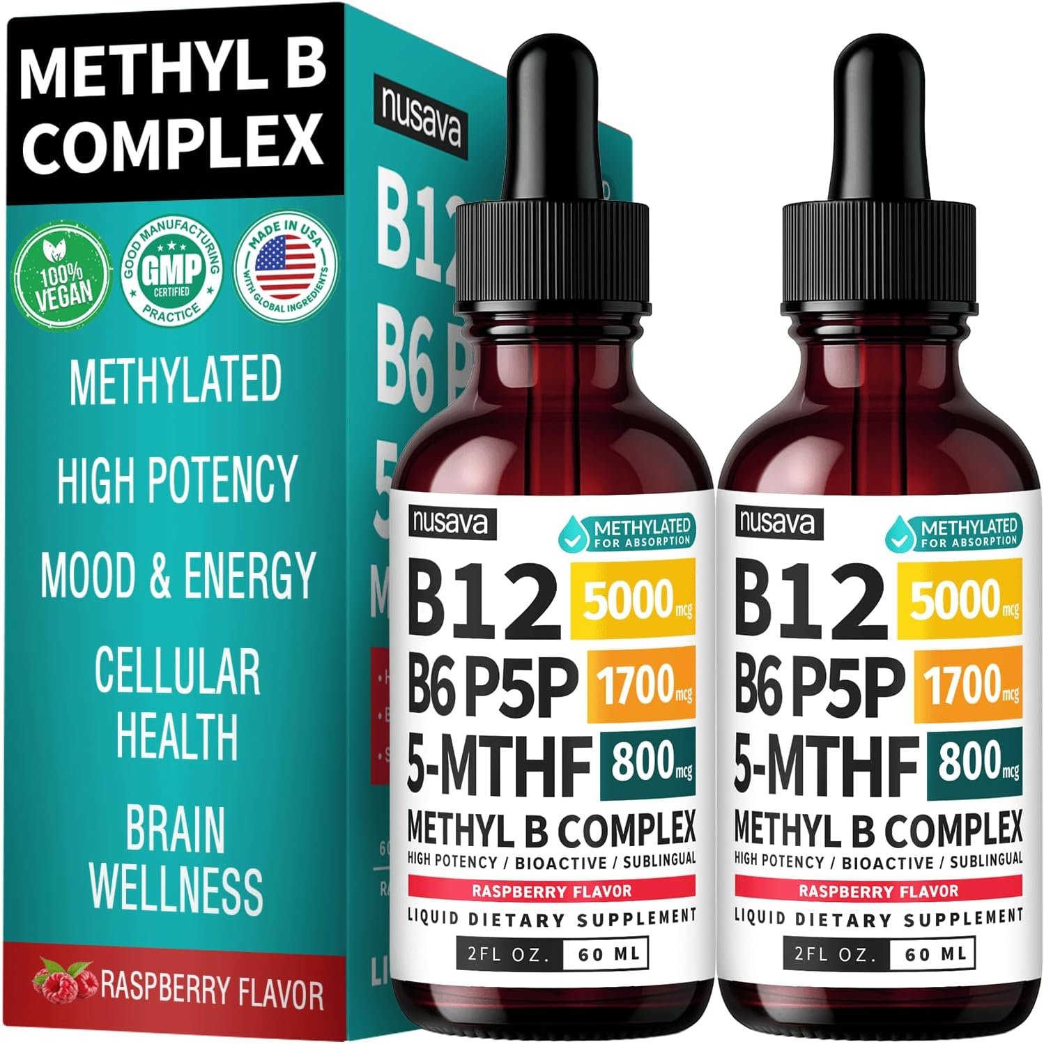 NUSAVA Methylated B Complex Liquid Drops, Raspberry, Pack of 2