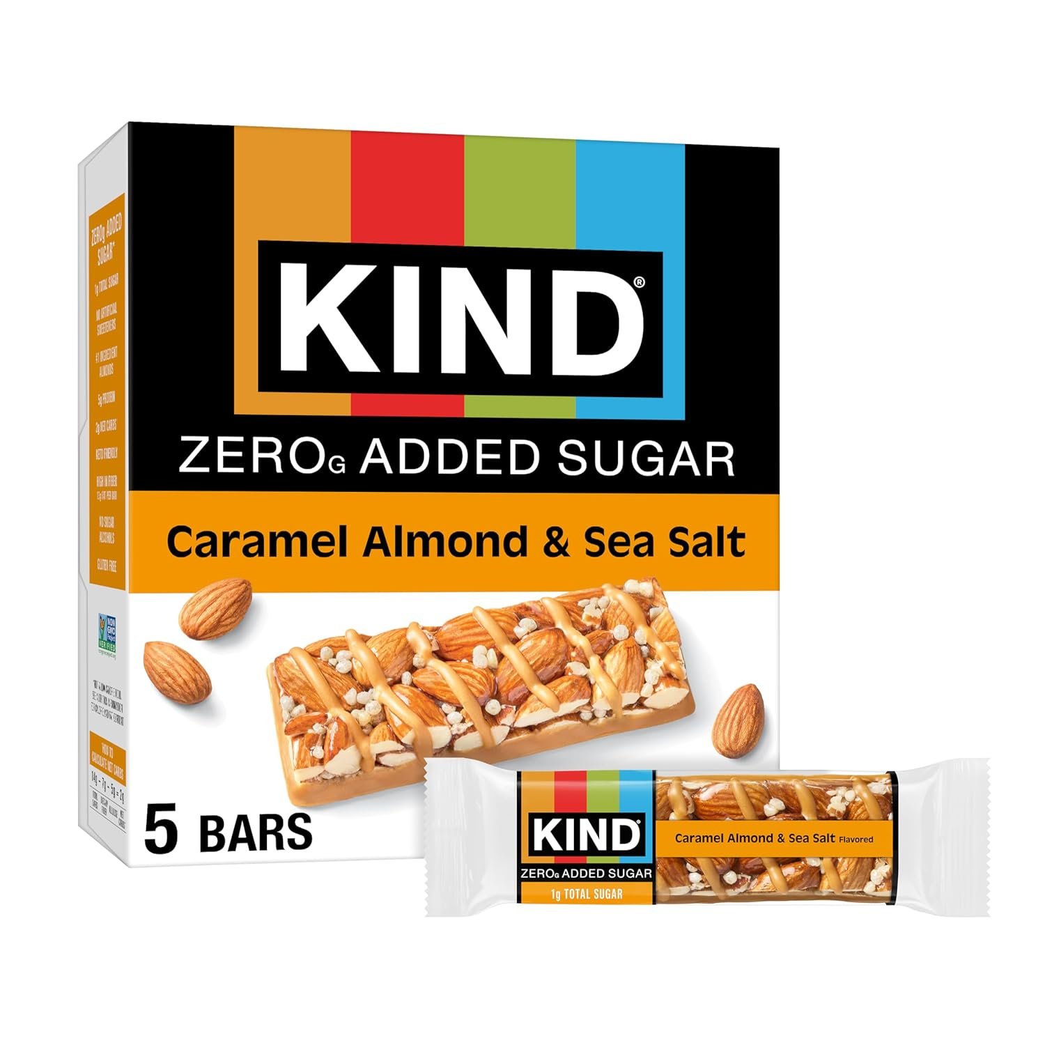 Kind Zero Added Sugar Healthy Snacks Bars, Caramel Almond & Sea Salt, Gluten Free, High Fiber, Keto Snacks, 5g Protein, 5 Count