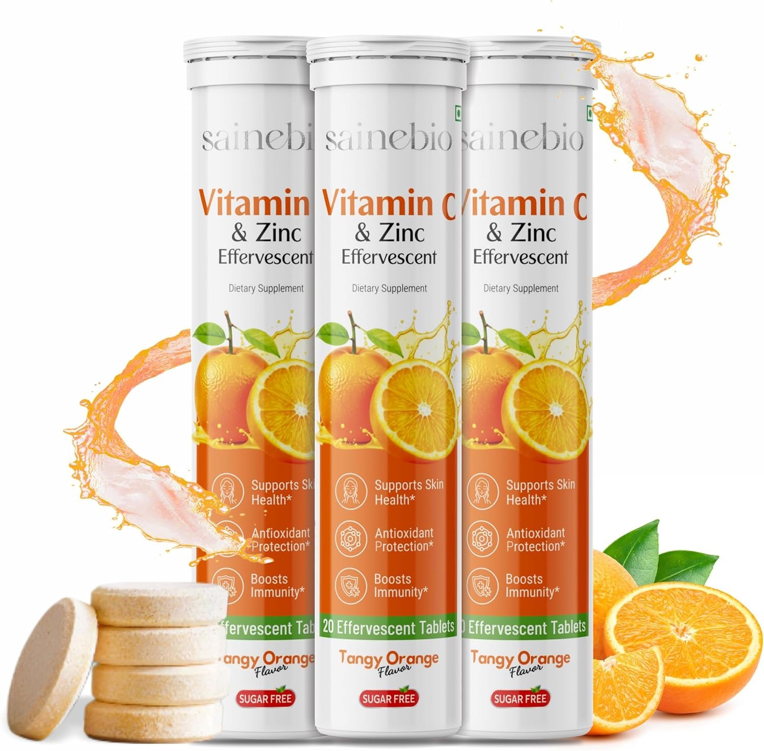 Vitamin C 1000mg Effervescent Tablets – Potent Immunity Booster with Zinc 10mg Supplement – Sugar-Free & 100% Vegetarian Formula | Fizzy Drink, Tangy Orange Flavor – 20CT (Pack of 3)