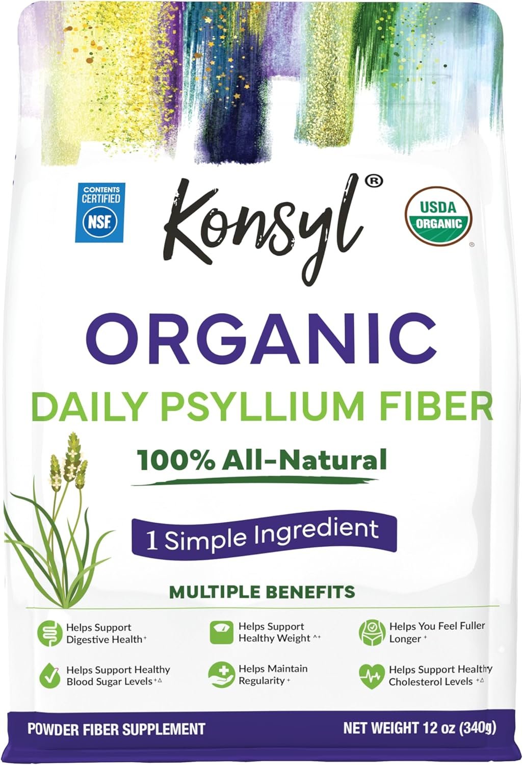 Konsyl USDA Organic Psyllium Husk Powder – 12oz, 60 Servings, Natural Unflavored Soluble Dietary Fiber Supplement – Fiber Prebiotic for Digestive Support and Gut Health – Sugar Free, Keto & Vegan