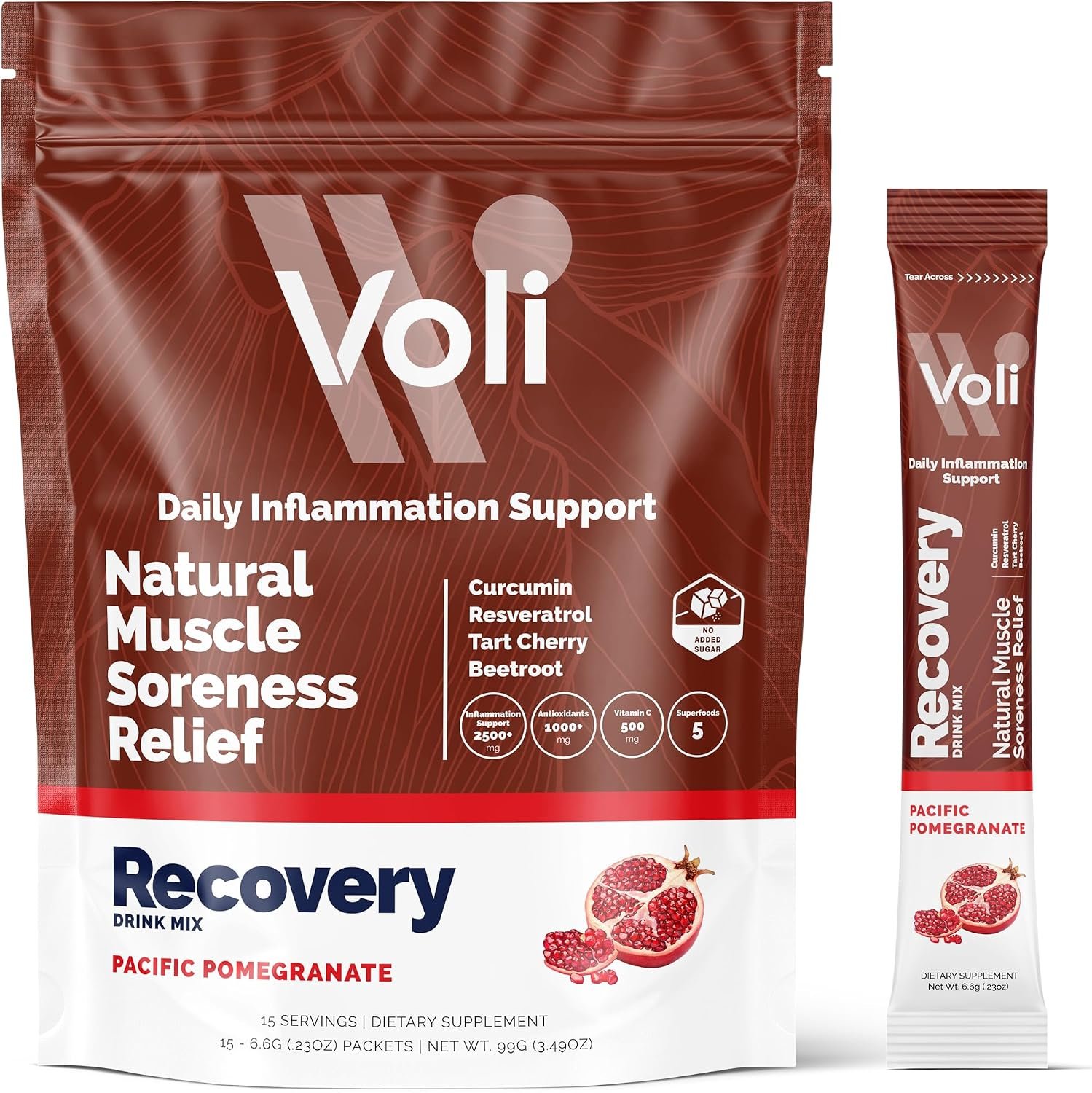 Voli Muscle Recovery Post Workout Drink Mix Packets | + Superfoods Curcumin, Tart Cherry, Ginger & Glutathione | Leg Cramp & Inflammation Support | No Added Sugar, 15 Count, Pacific Pomegranate