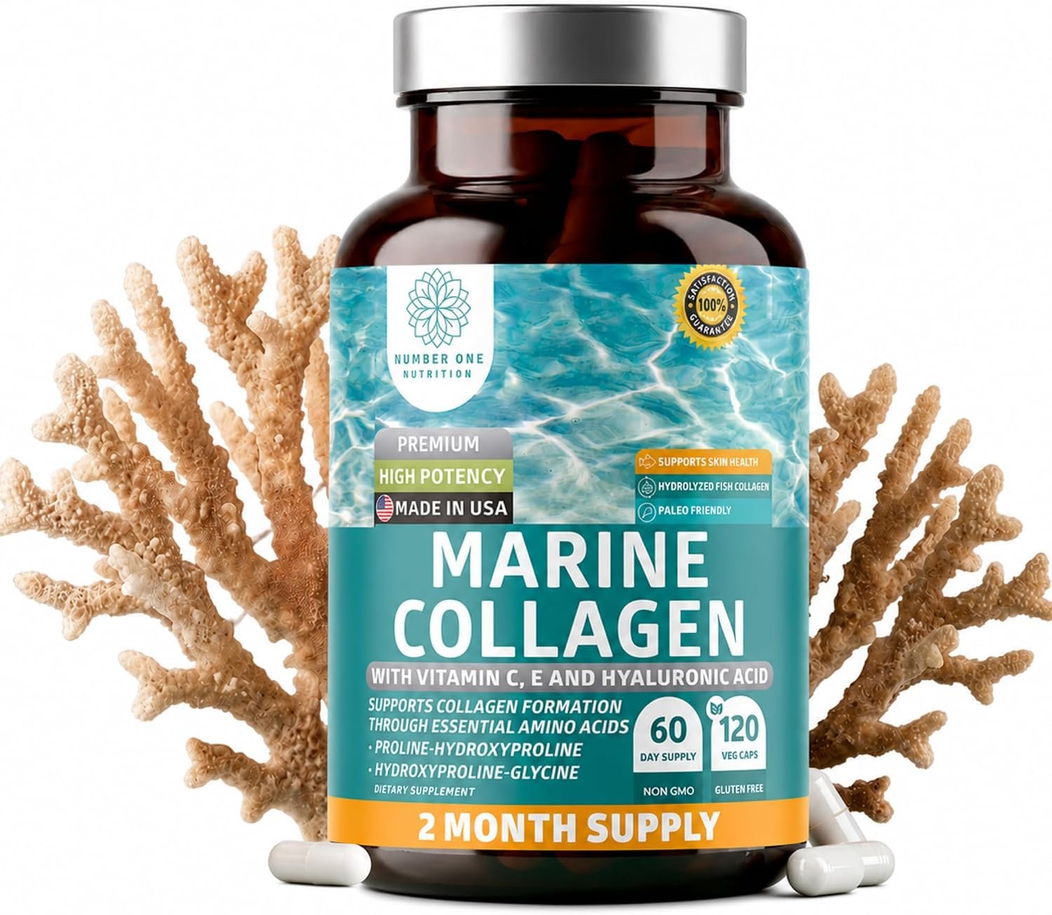 Hydrolyzed Marine Collagen with Hyaluronic Acid, Vitamin C, Theaflavin and Copper, Collagen Supplement for Women and Men for Radiant Skin, Hair & Nails, Gluten Free and Non-GMO, 120 Veg Caps