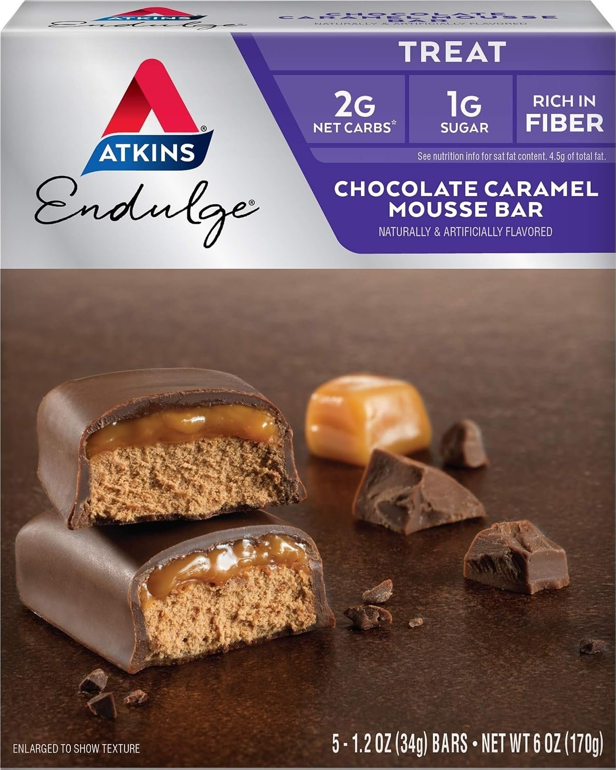 Atkins Endulge Chocolate Caramel Mousse Bar, 1g Sugar, 5 Count