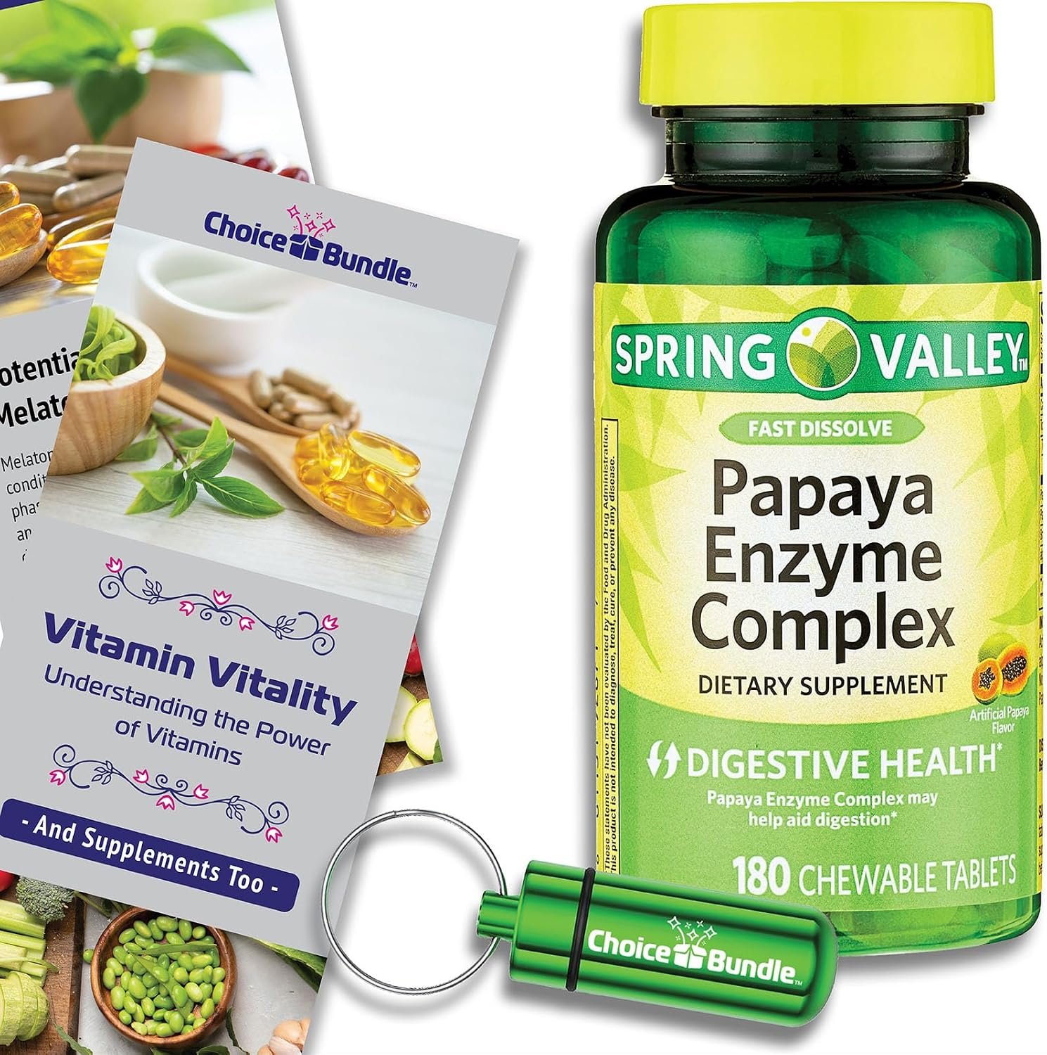 Spring Valley Papaya Enzyme Complex Chewable Tablets Digestive Health 180 Ct Plus Vitamin Vitality & Pill Container (3 Items)!
