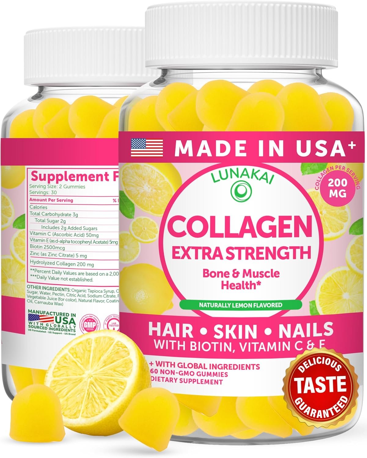 Lunakai USA Made Collagen Peptides Gummies – 200mg Non-GMO Anti-Aging Formula with Biotin, Zinc, Vitamins C & E for Hair, Skin and Nails, 60ct