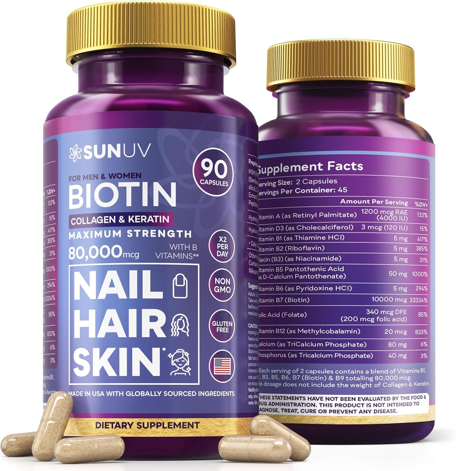 SUNUV Biotin 10,000mcg | Collagen | Keratin | Hyaluronic Acid – 80,000mcg Hair Growth Vitamins for Hair Skin & Nails Support – Women & Men – Vitamins B1,B2,B3,B5,B6,B9,B12 -Made in USA-90 Capsules