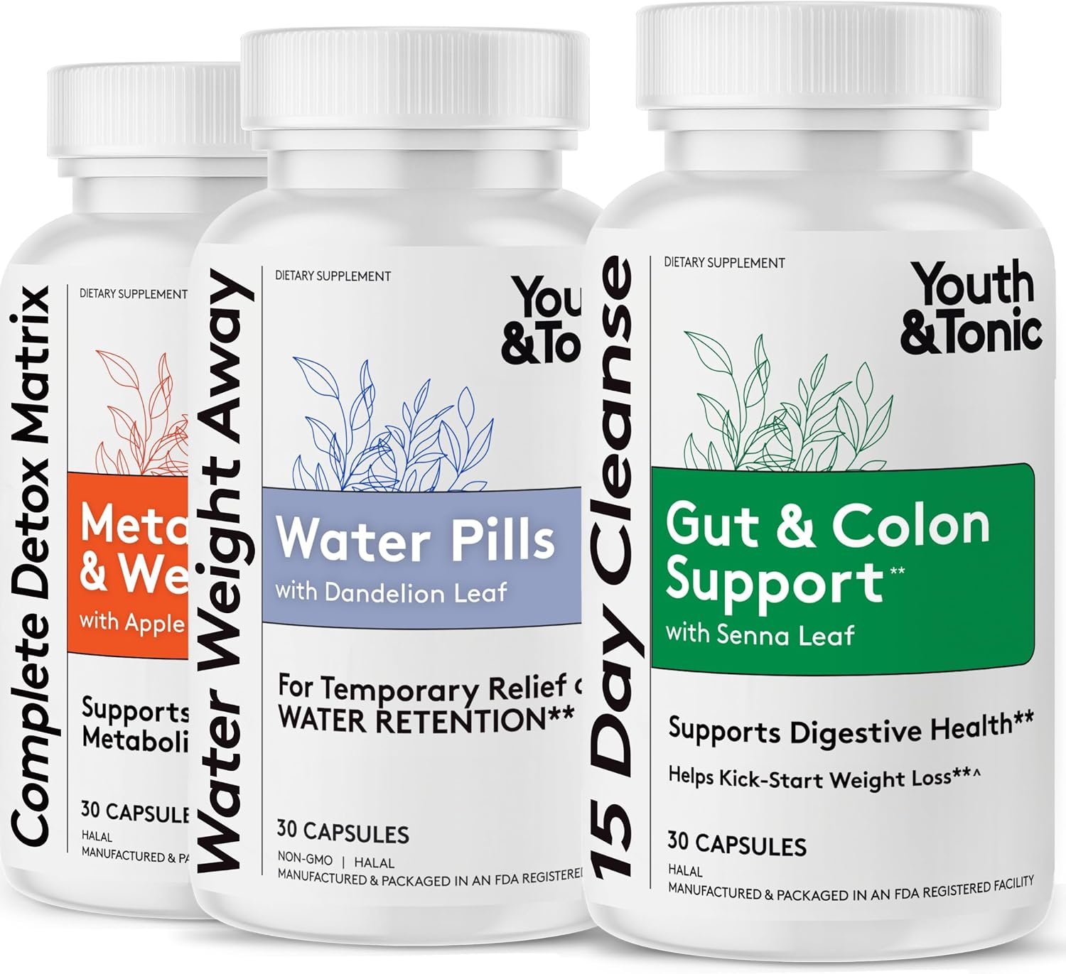 Youth & Tonic 3pk Detox Cleanse Weight Loss, Colon Cleanser, Water Weight