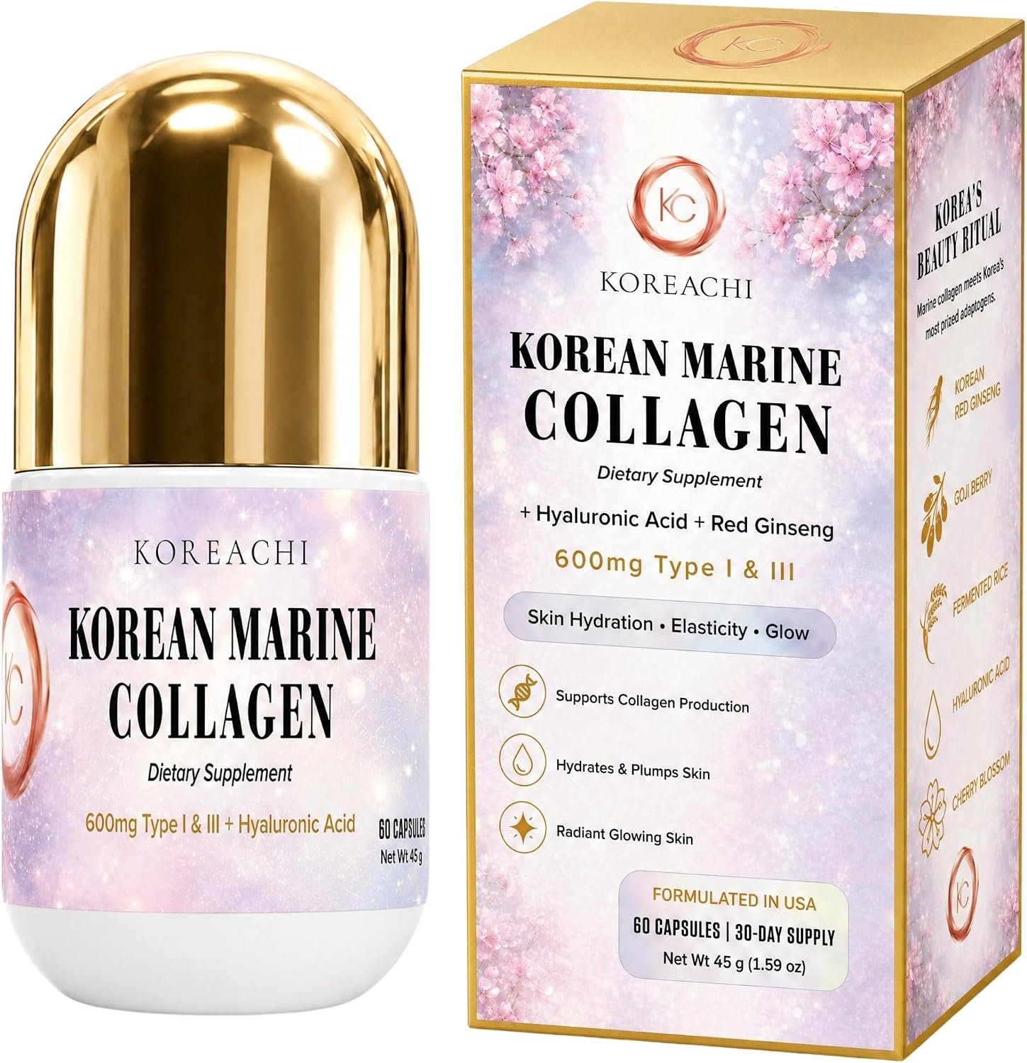 Korean Marine Hydrolyzed Collagen Peptides Capsules, 600mg Type I & III Collagen with Hyaluronic Acid, Vitamin C & Red Ginseng, Collagen Pills for Women, Skin Hydration, Elasticity & Glow – 30 Days