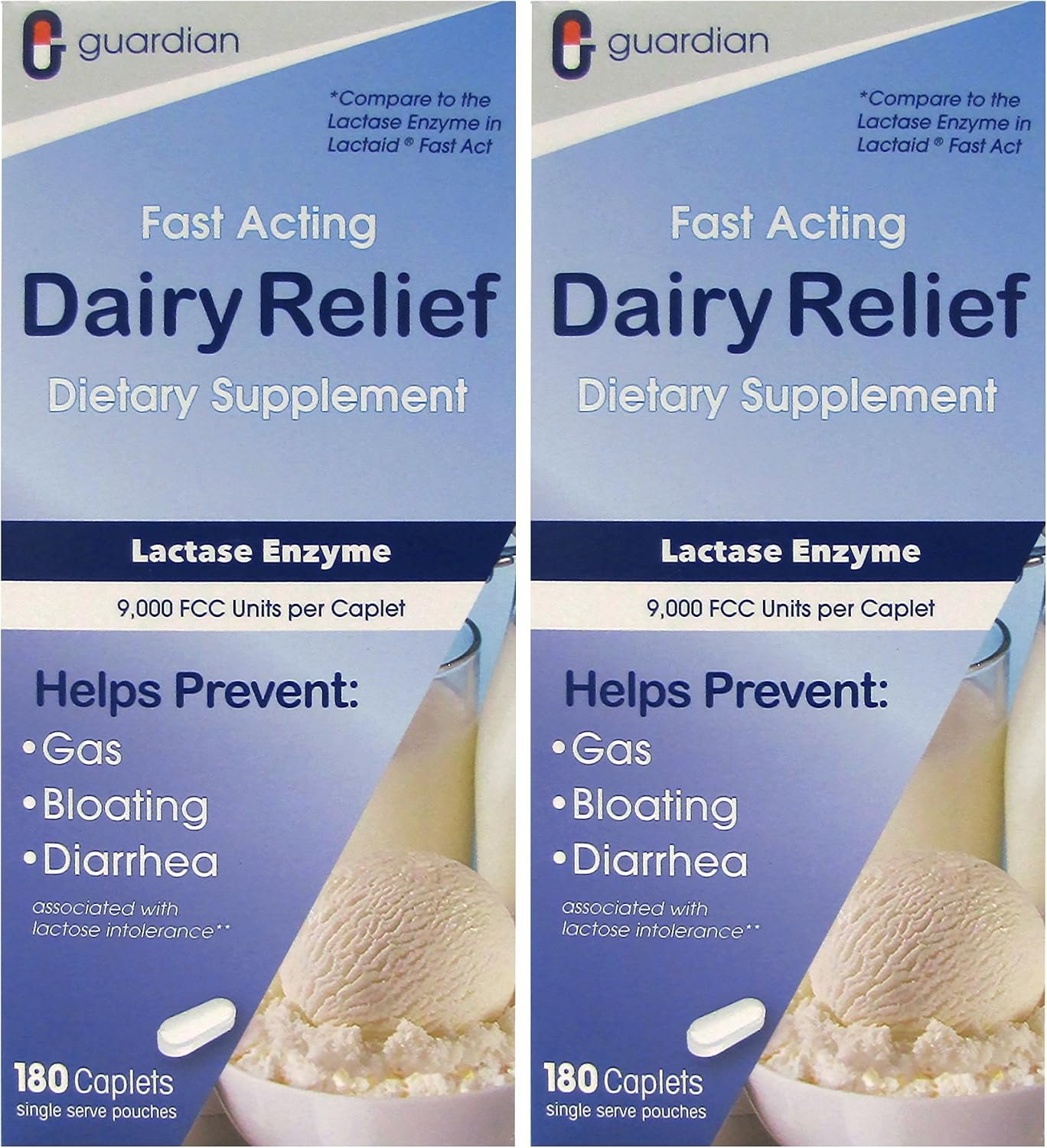 guardian Dairy Relief Fast Acting Lactase, 360 Caplets, 9000 FCC Maximum Strength, Lactose Intolerance Pills, Lactase Enzyme Supplement (360 CT)