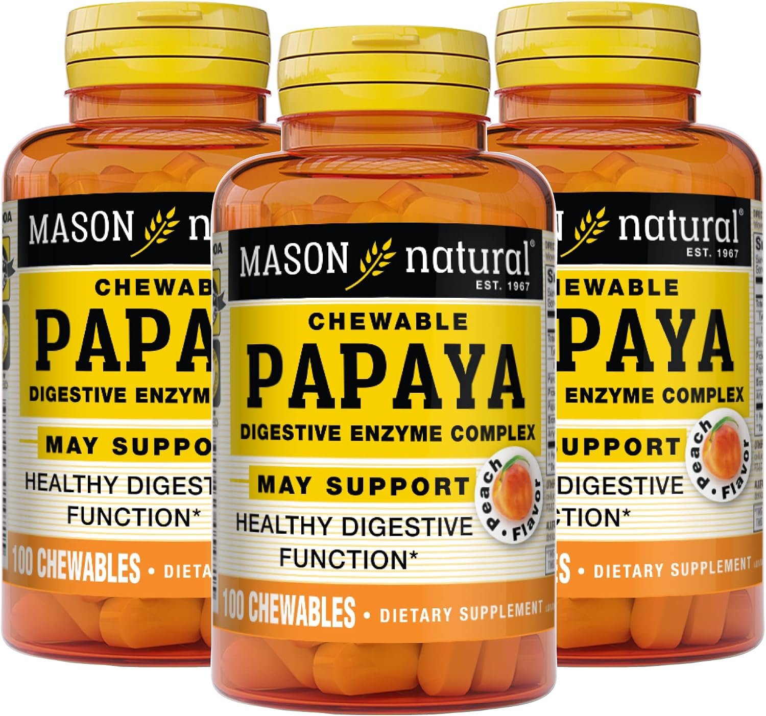 MASON NATURAL Papaya Digestive Enzyme Complex, Healthy Digestive Function, Promotes Nutrient Absorption, Peach Flavor, 100 Chewables (Pack of 3)