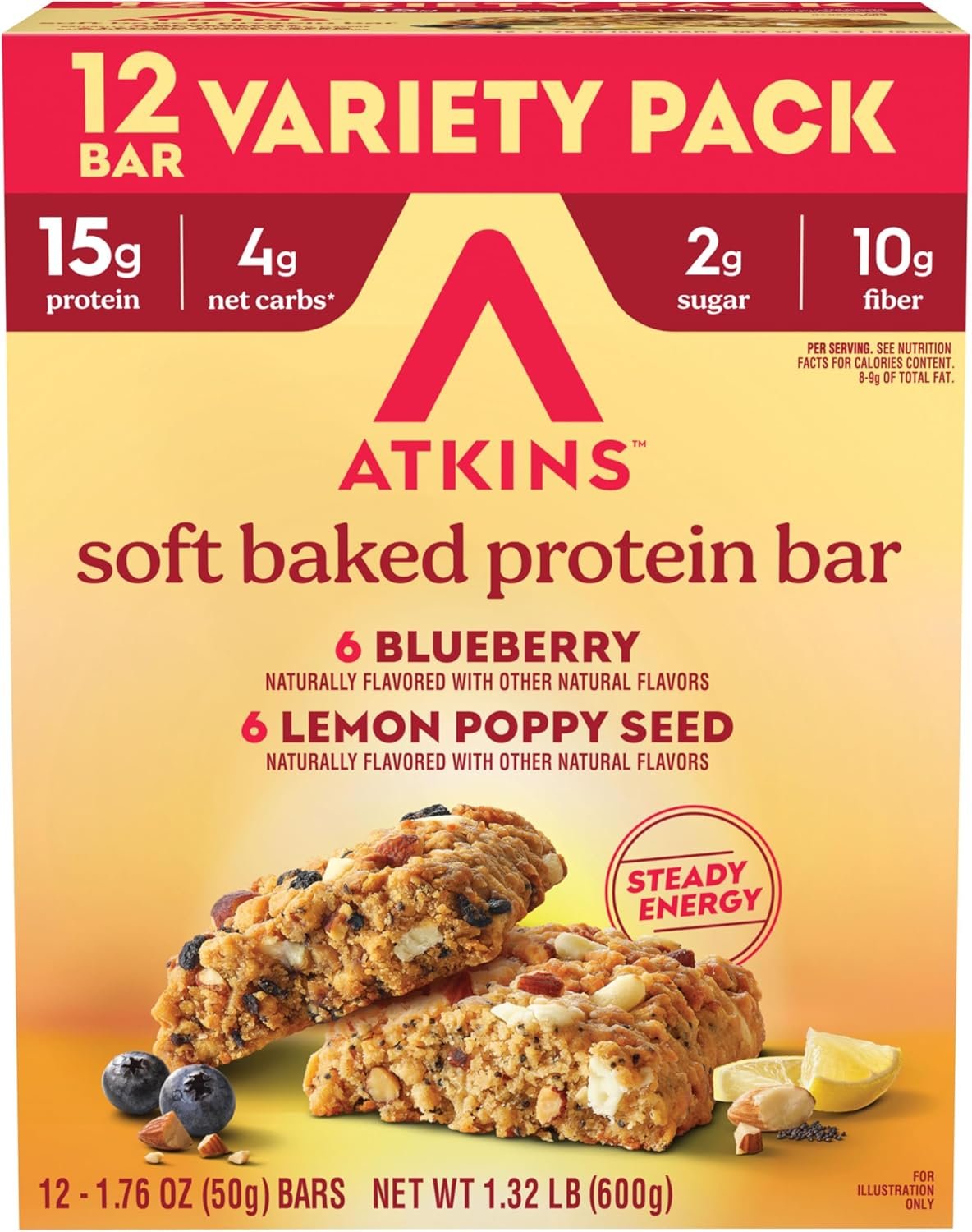 Atkins Soft Baked High Protein Bars, Lemon Poppyseed & Blueberry Flavors, 15g Protein, 4g Net Carbs, 2g Sugar, Keto Snacks, Low Sugar Protein Bars, High Fiber Snacks, 12 pk (6 bars each flavor)