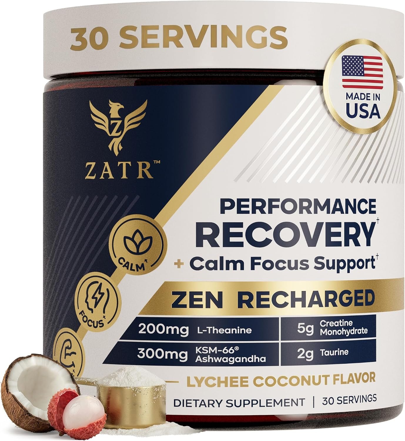 Post Workout Recovery Drink — 5g Creatine Monohydrate, 300mg KSM-66 Ashwagandha, L-Theanine & Taurine — Sleep, Cortisol & Stress Support, Stimulant Free, 30 Servings, Lychee Coconut