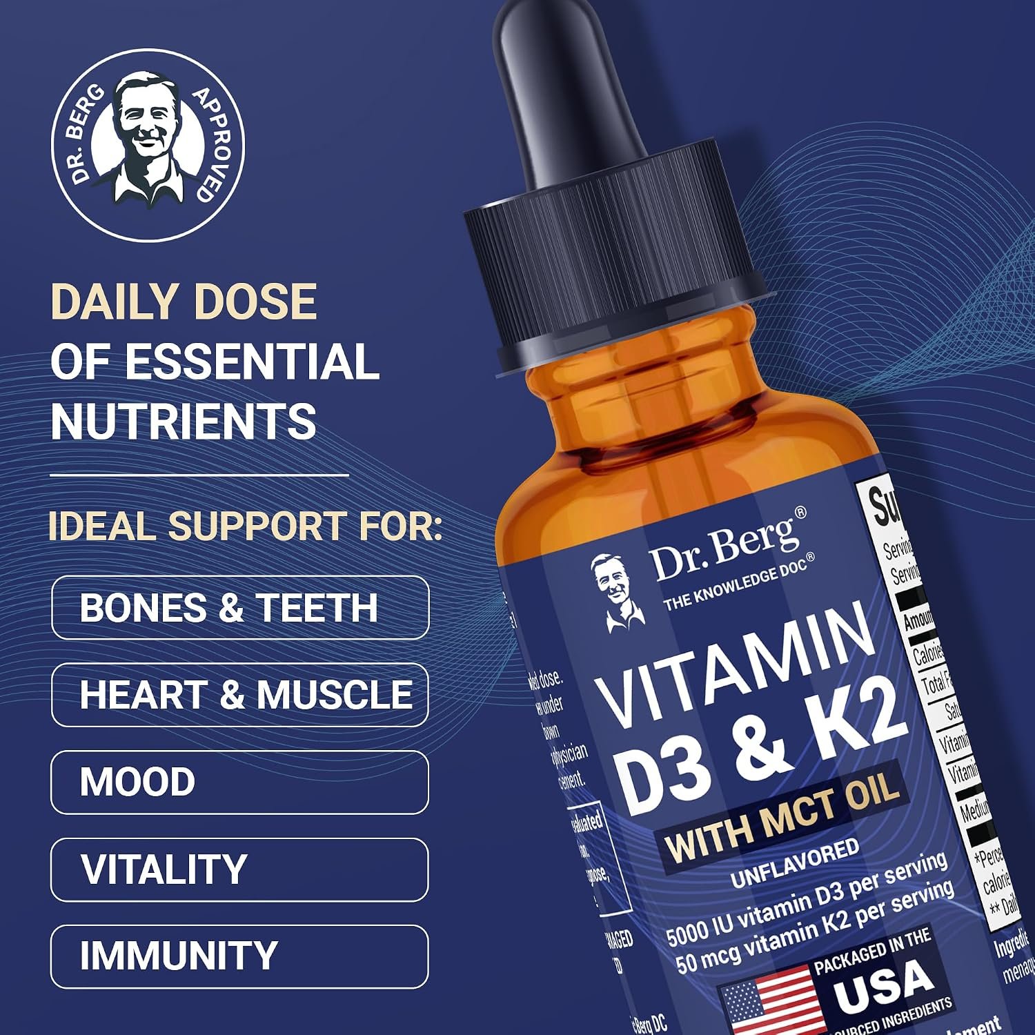 Dr. Berg Maximum Strength Vitamin D3 K2 Liquid Drops with MCT Oil – 5,000 IU Liquid Vitamin D3 with K2 – Supports Strong Bones, Heart, Energy, Immunity, and Overall Vitality* – Unflavored 1 Fl Oz