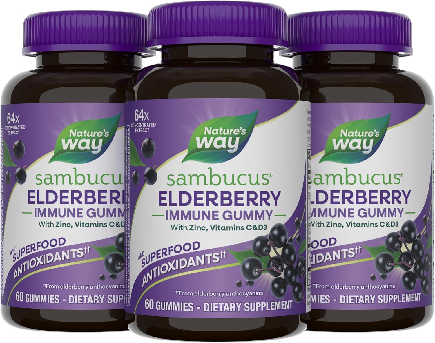 Nature’s Way Sambucus Elderberry Gummies, Immune Support Ages 4+, 60 ct x3