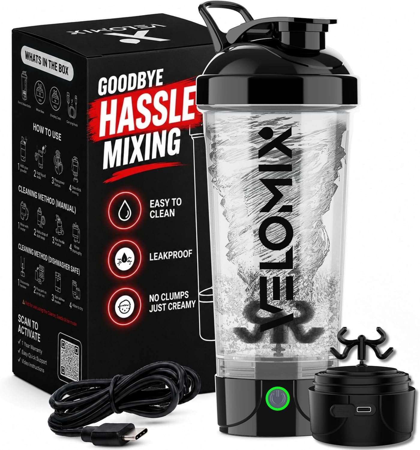 VELOMIX 24oz Electric Protein Shaker Bottle for Protein Mixes, Transparent