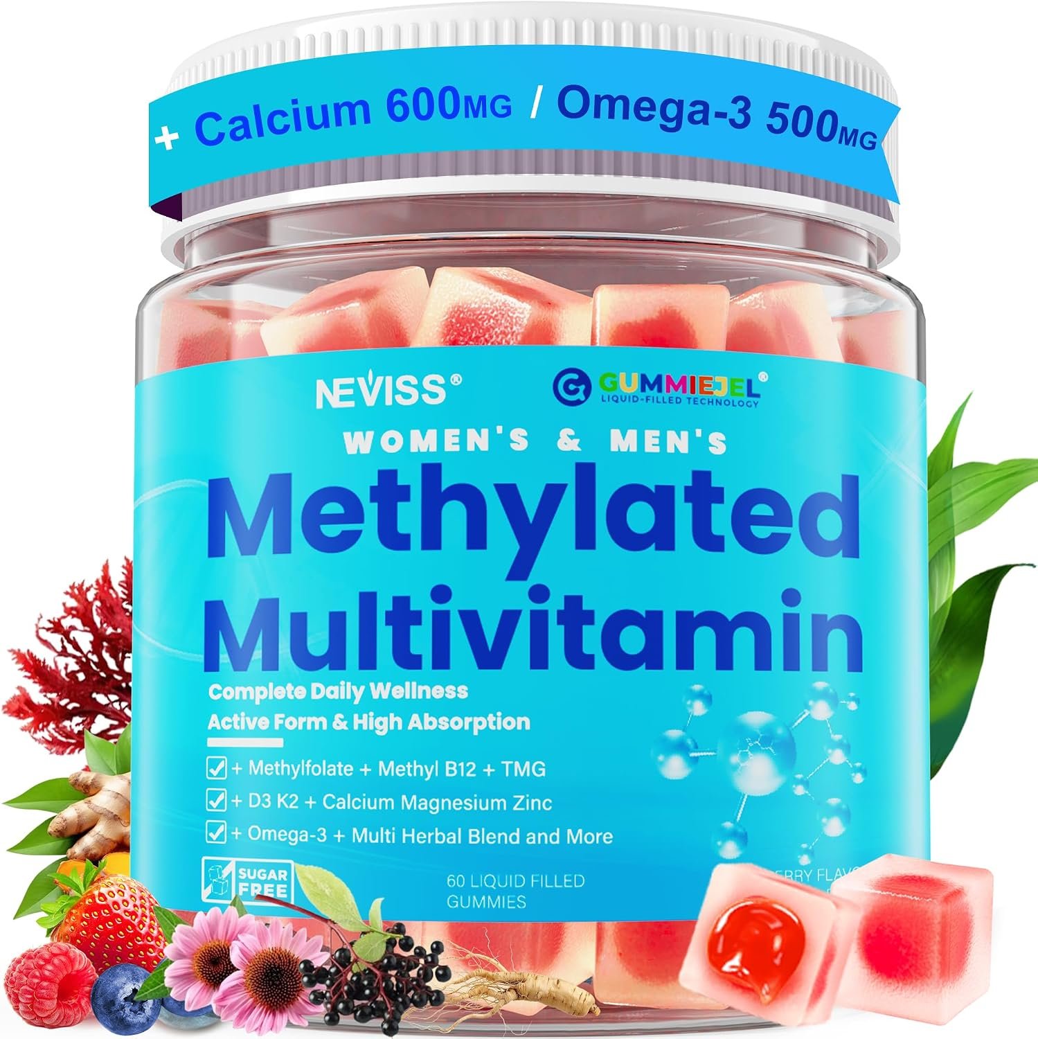 Methylated Multivitamin for Women & Men Gummies w/ Omega-3, Calcium, D3 K2