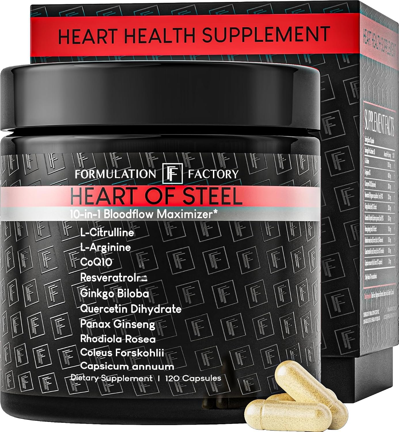 Formulation Factory Heart of Steel Nitric Oxide Supplements for Men & Women, Nitric Oxide Booster for Blood Flow & Circulation with L-Citrulline 1000mg, L-Arginine, CoQ10 & Resveratrol – 120 Capsules