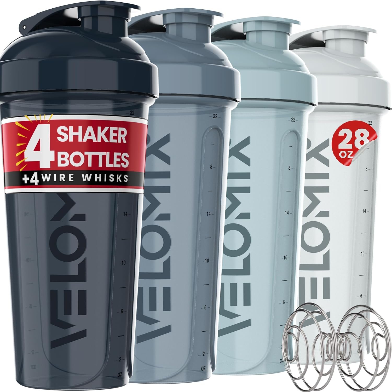 VELOMIX 4 Pack 28oz Shaker Cups for Protein Shakes, Aqua Depths