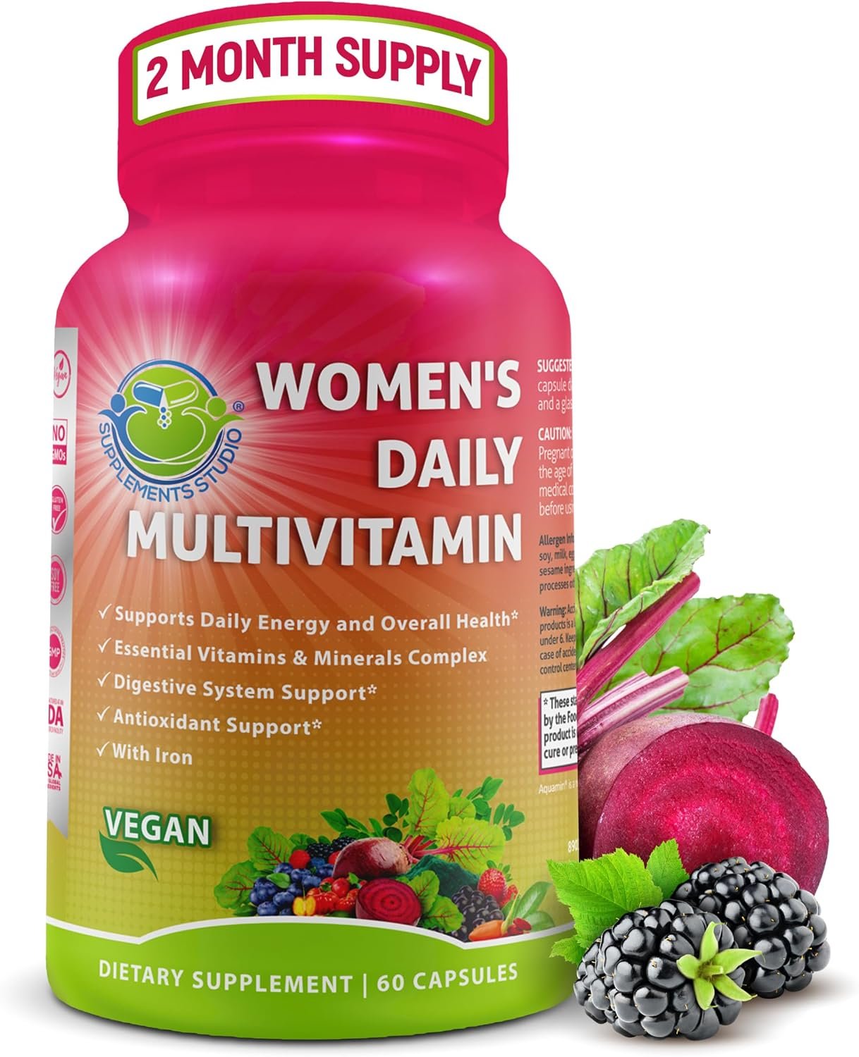 Vegan Methylated Multivitamin for Women – Biotin, Probiotics & Iron